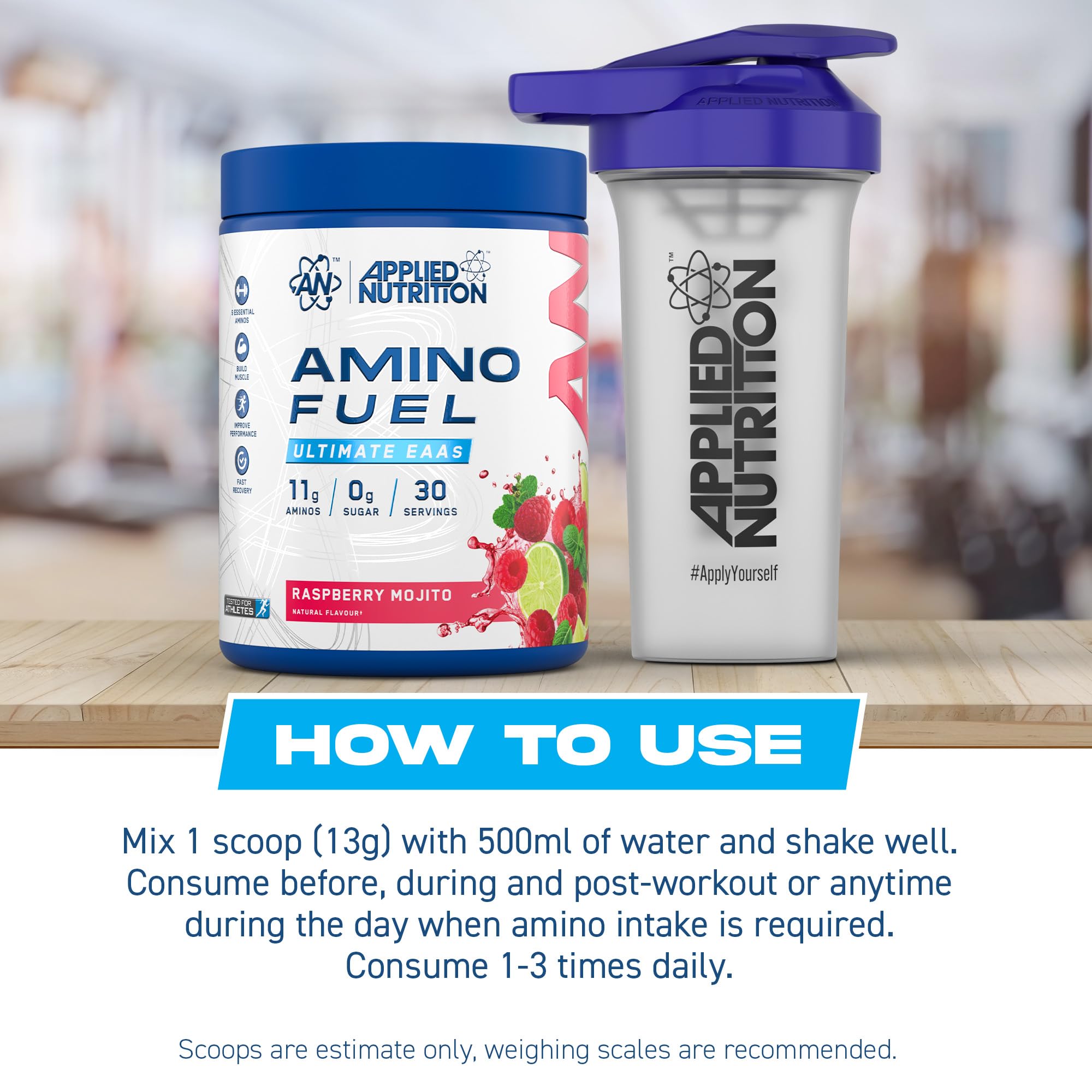 Blue and white Applied Nutrition Amino Fuel tub with Raspberry Mojito flavor and shaker for muscle recovery