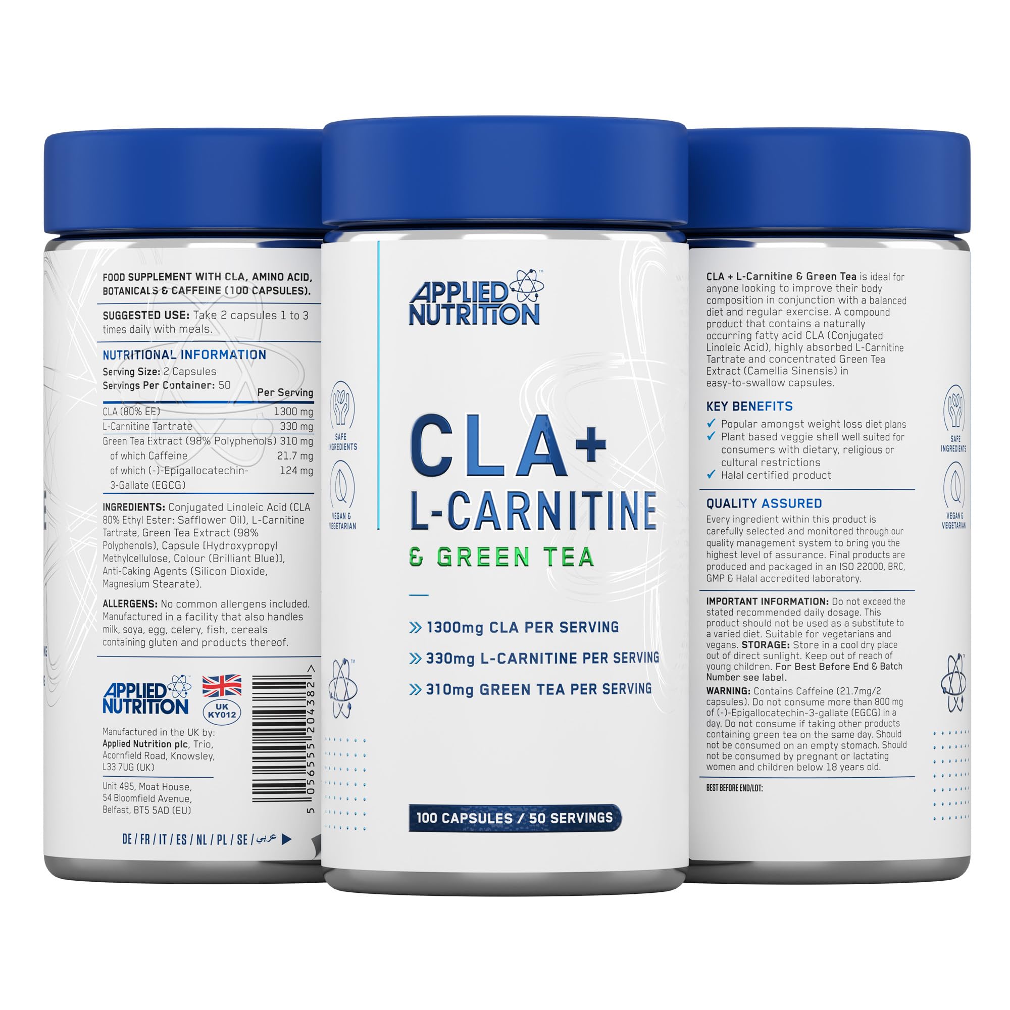 Three Applied Nutrition CLA L-Carnitine Green Tea bottles for body composition support