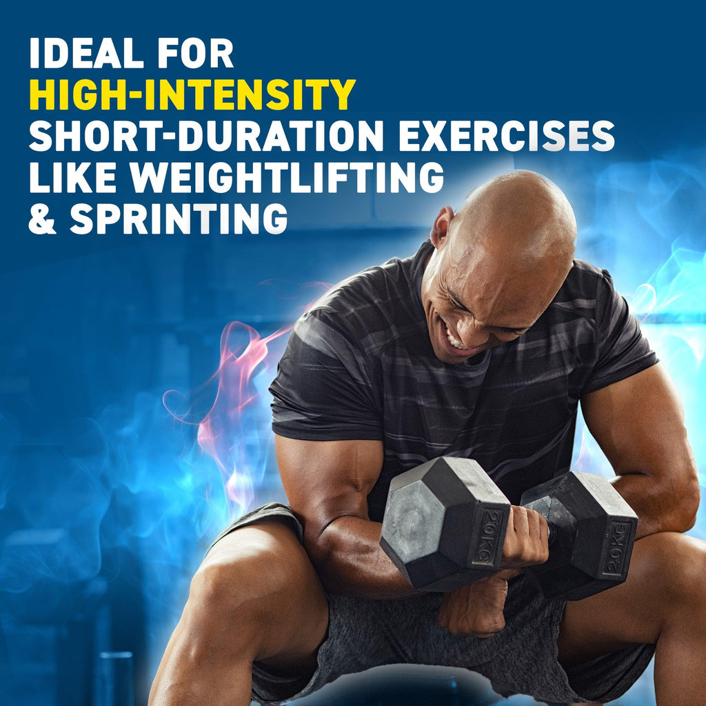 Bald muscular man lifting black dumbbell for workout performance with Applied Nutrition Citrulline
