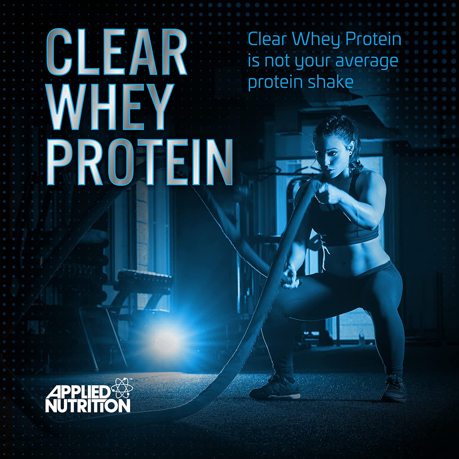 Fitness enthusiast doing battle rope exercises with Applied Nutrition Clear Whey for muscle recovery