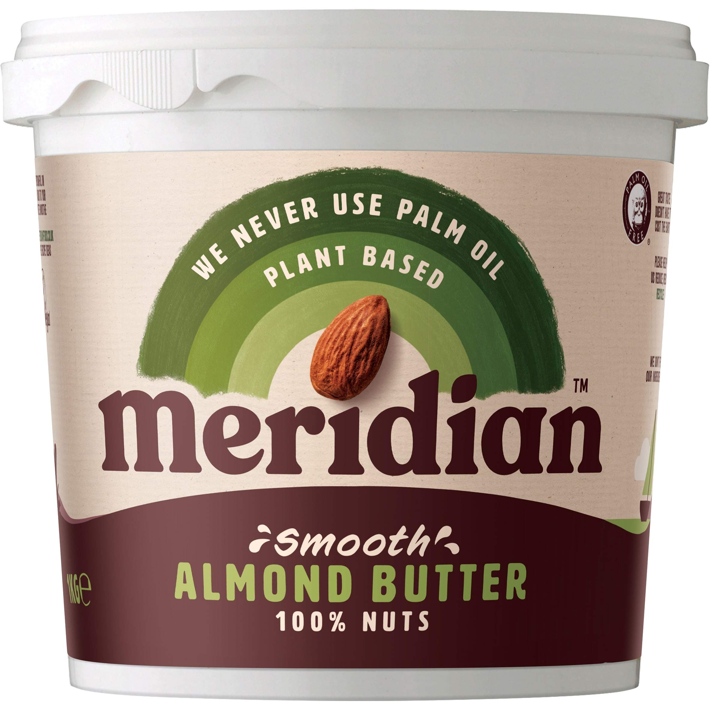 Smooth almond butter in a white tub from Meridian Almond Butter Smooth with no palm oil