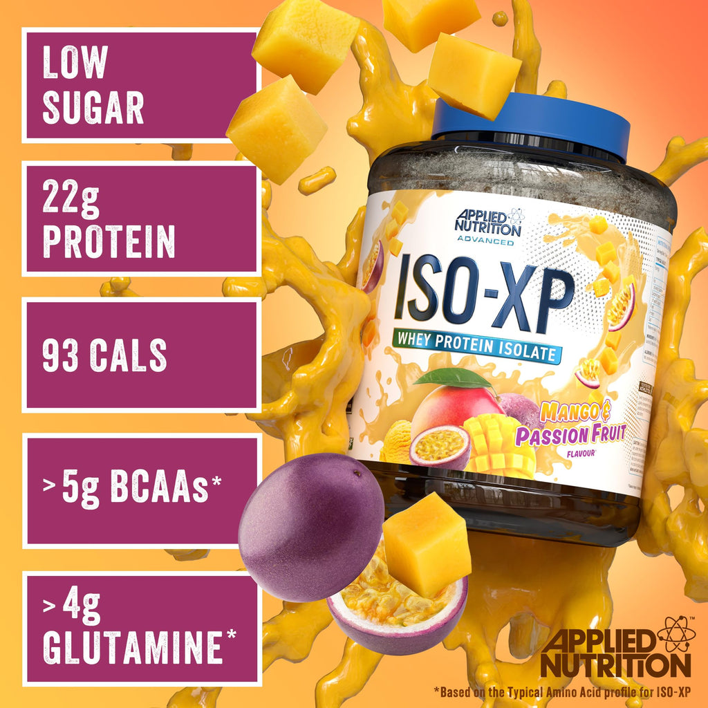 Applied Nutrition Iso-XP mango passion fruit flavored whey protein isolate powder for easy mixing