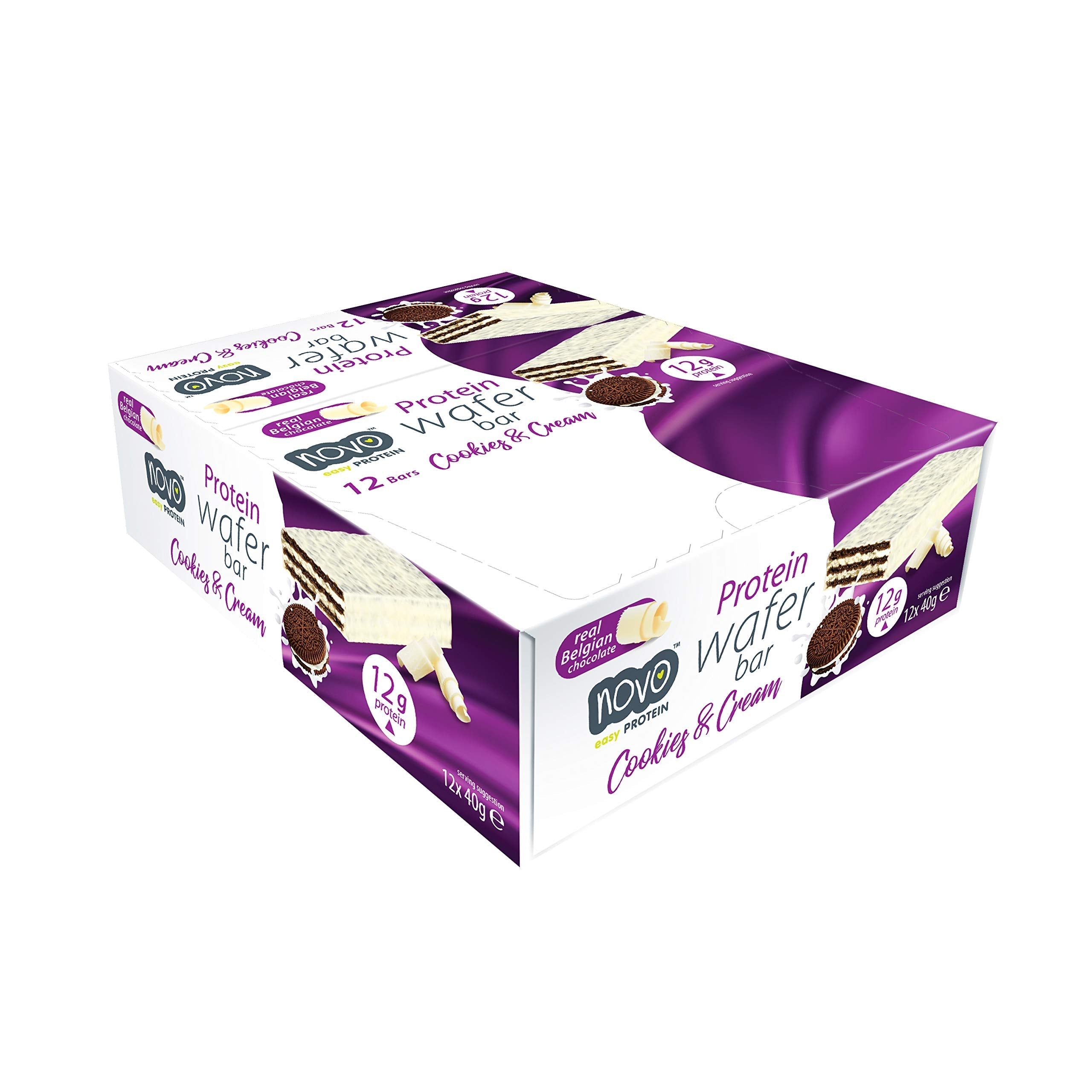Novo Protein Wafer Bar Cookies & Cream box with 12 bars, 12g protein each
