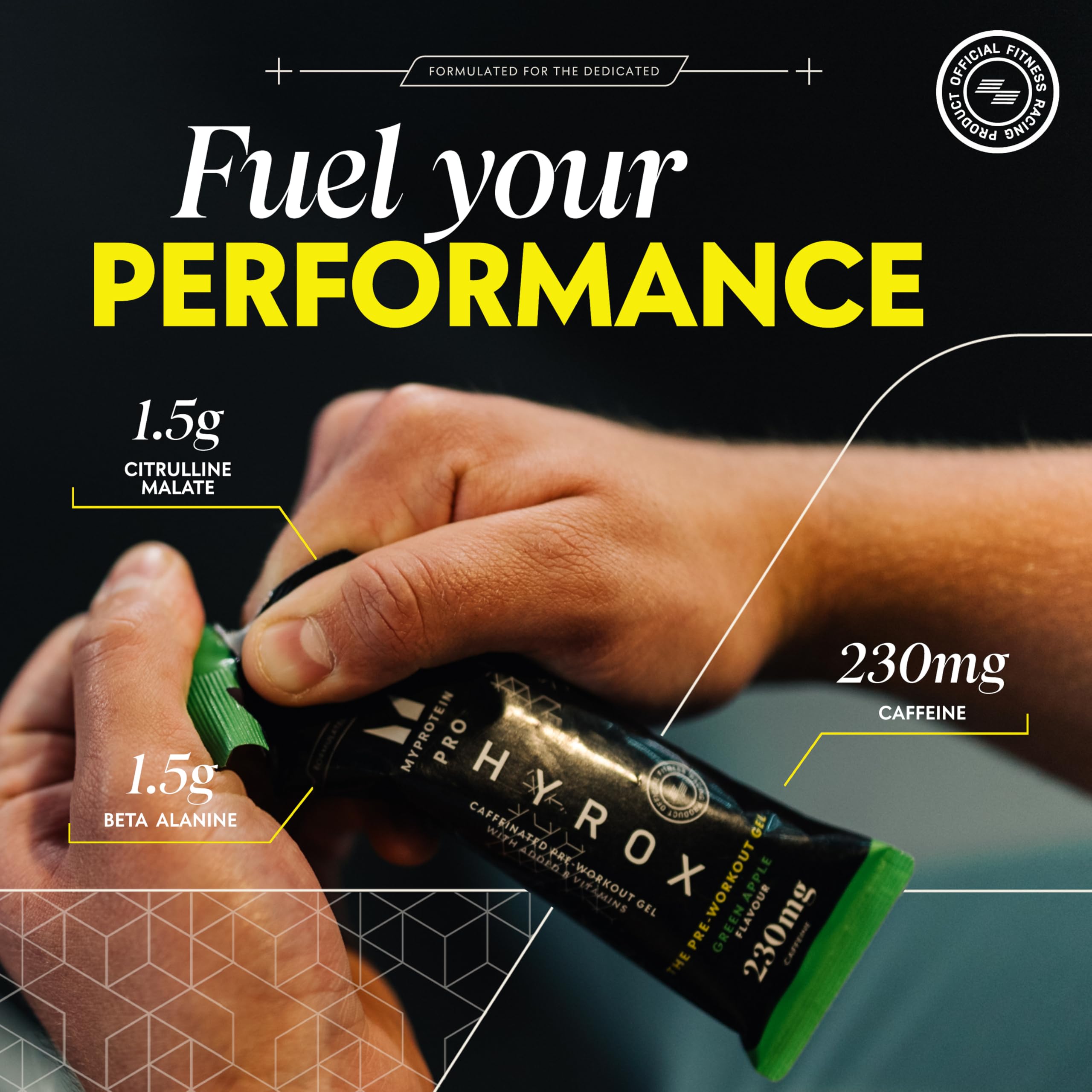 Black and green MyProtein THE Pre Workout Gel Hyrox with citrulline malate energy on-the-go vitamin B12