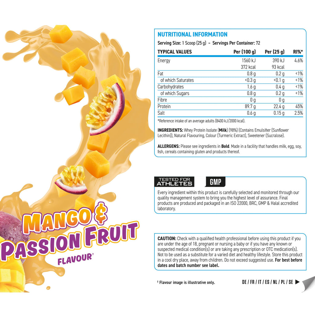 Applied Nutrition Iso-XP mango passion fruit flavored whey protein isolate for easy mixing