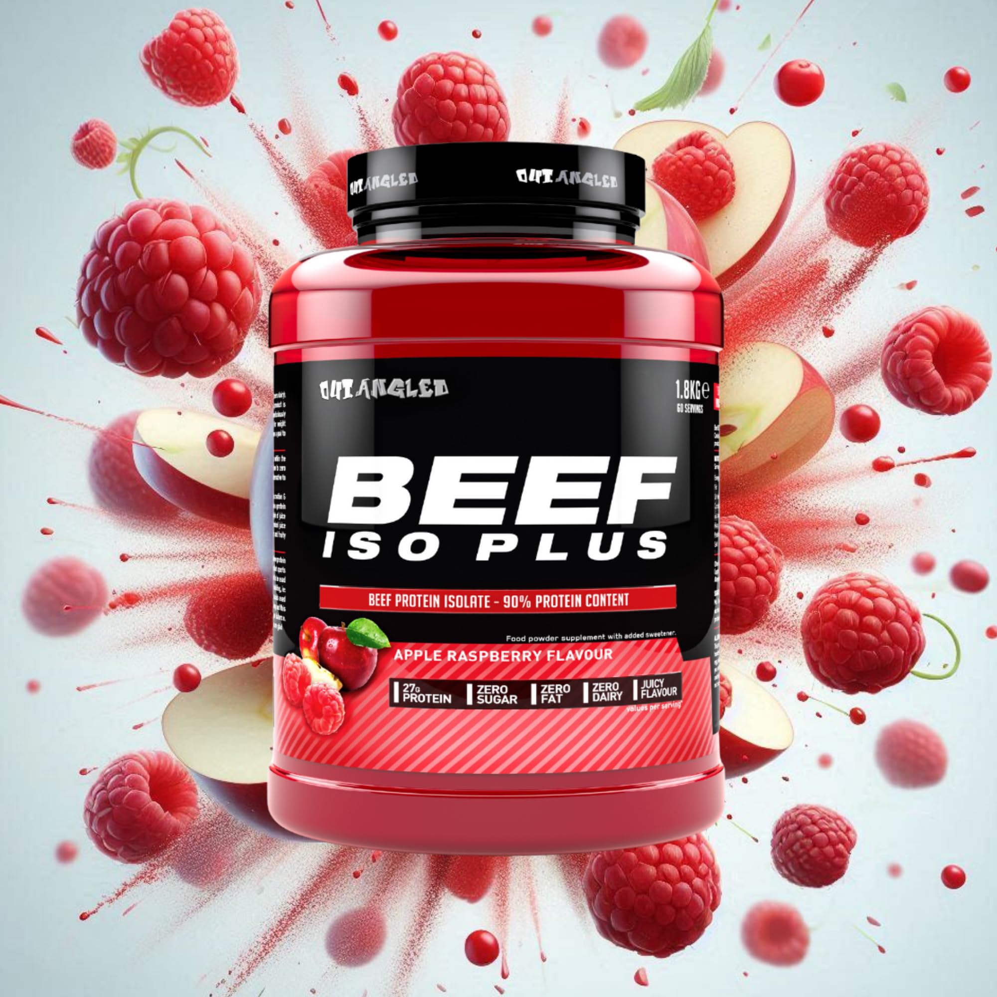 Red and black Beef Iso Plus container with apple raspberry flavor from Outangled Beef Iso