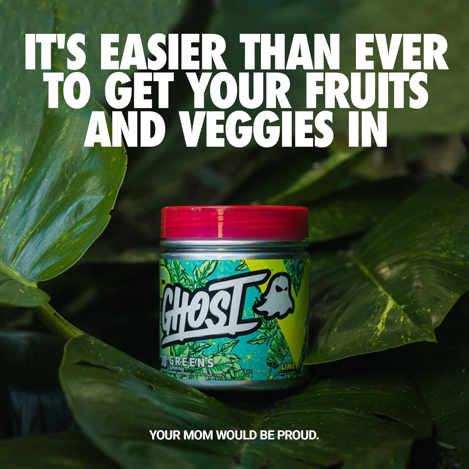 Ghost® Greens protein powder container with a red lid, featuring Billion CFU and Biocore® Optimum