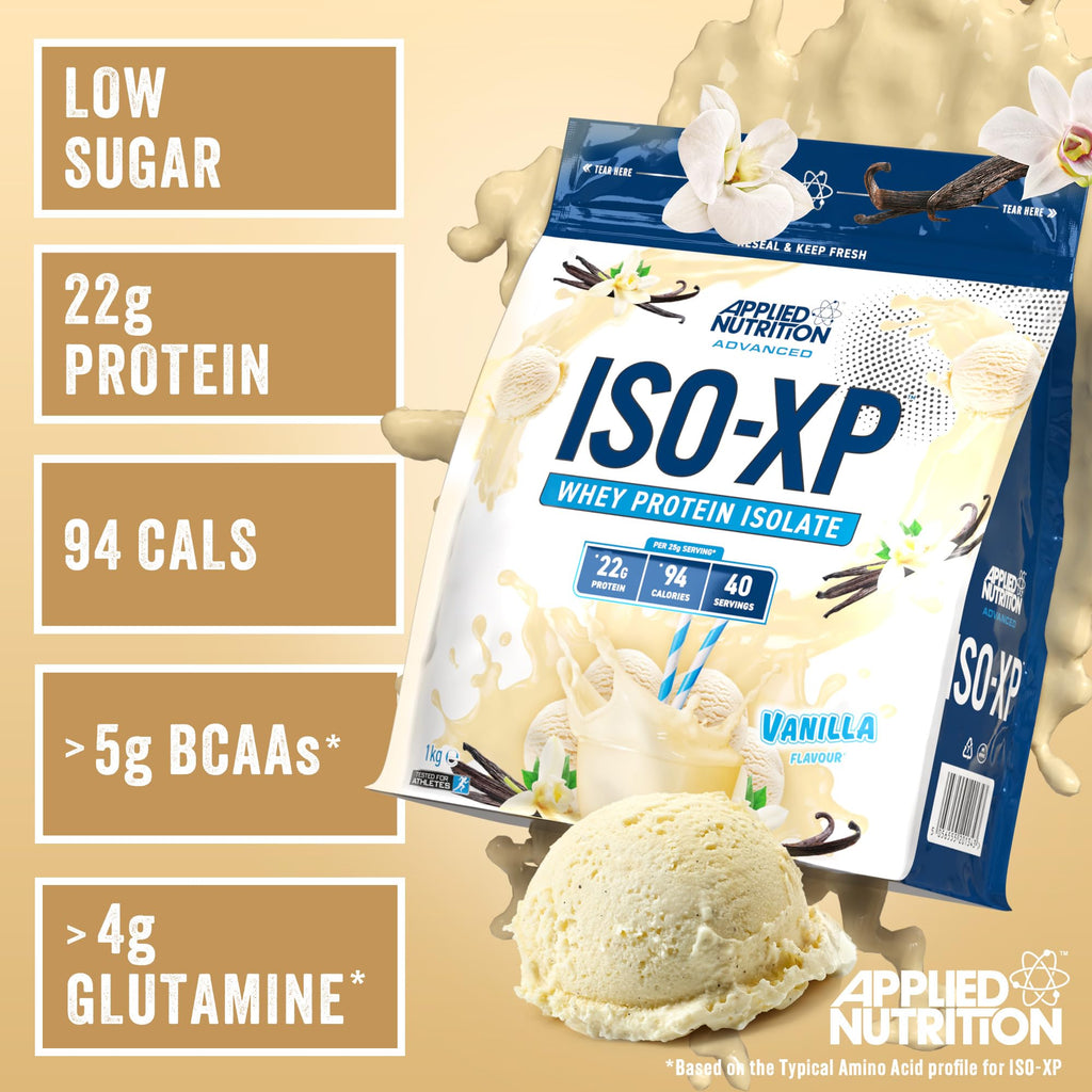 Applied Nutrition Iso-XP vanilla whey protein isolate powder for easy mixing and high protein