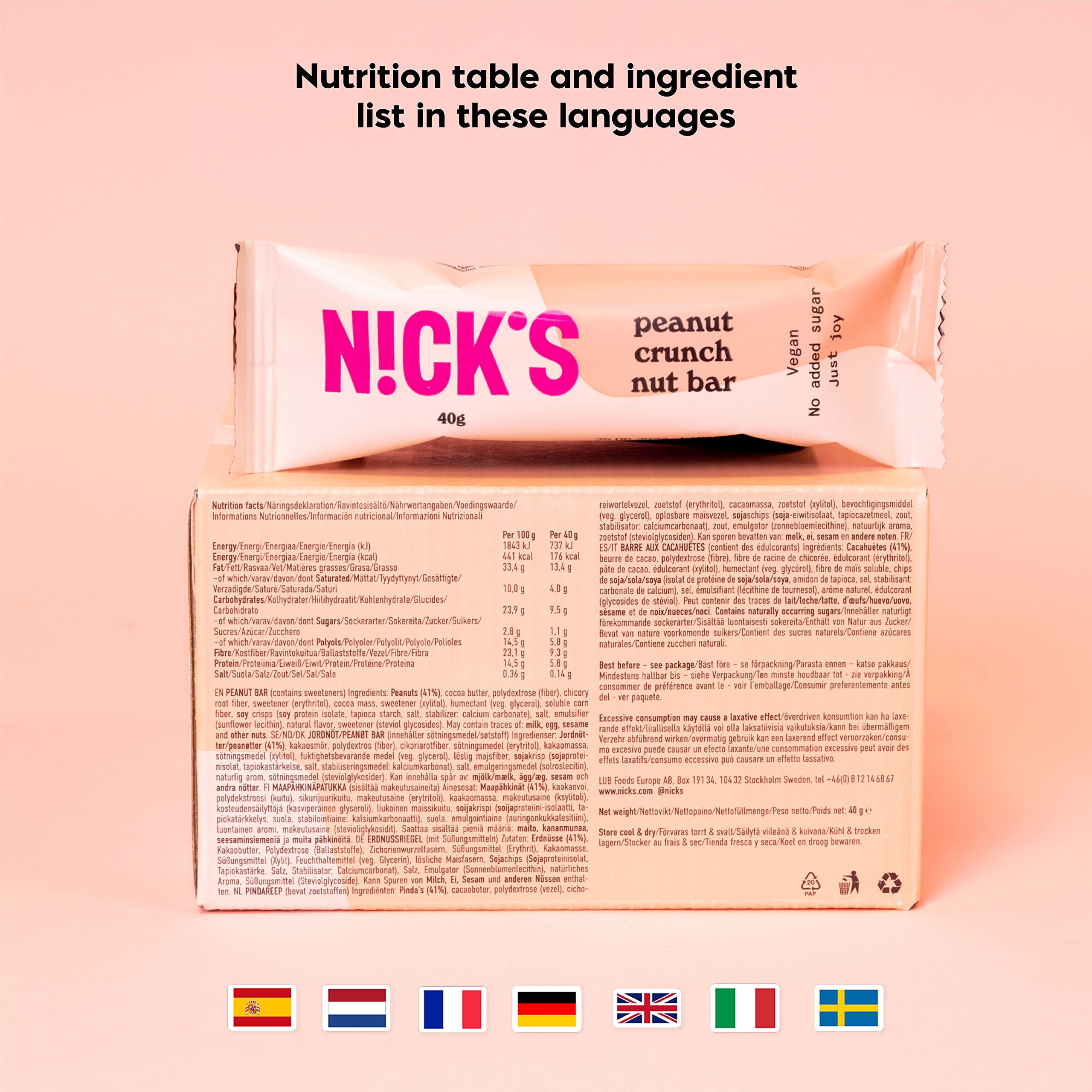 Nick’s Nut Bar with vegan nut and cocoa butter info, showing peanut crunch details