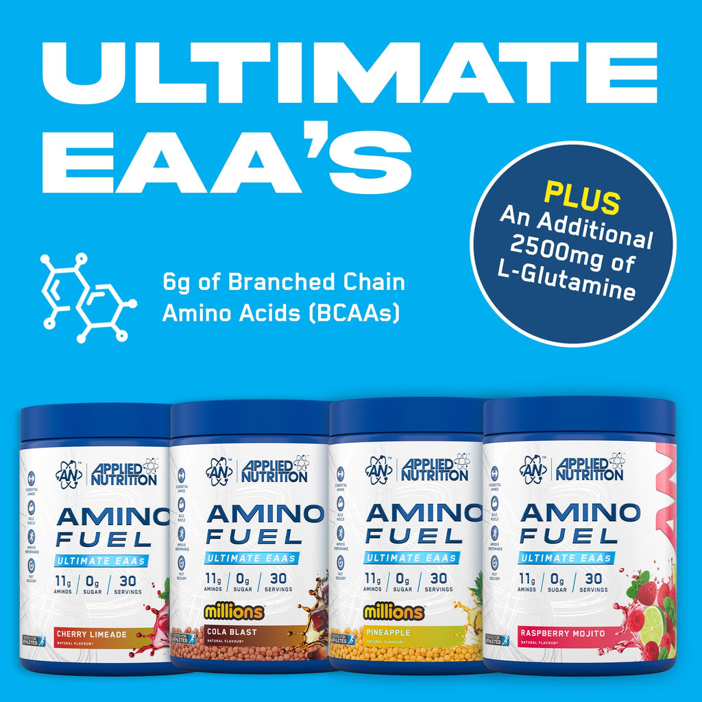 Four tubs of Applied Nutrition Amino Fuel with essential amino acids for muscle recovery