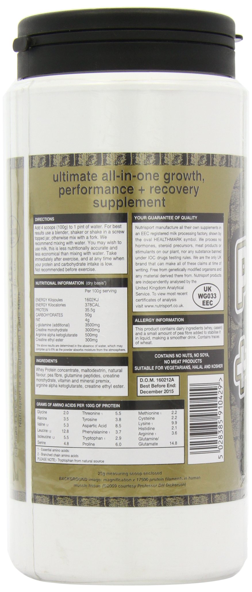 NutriSport Protein & Complex Carbs supplement container with whey concentrate and black lid