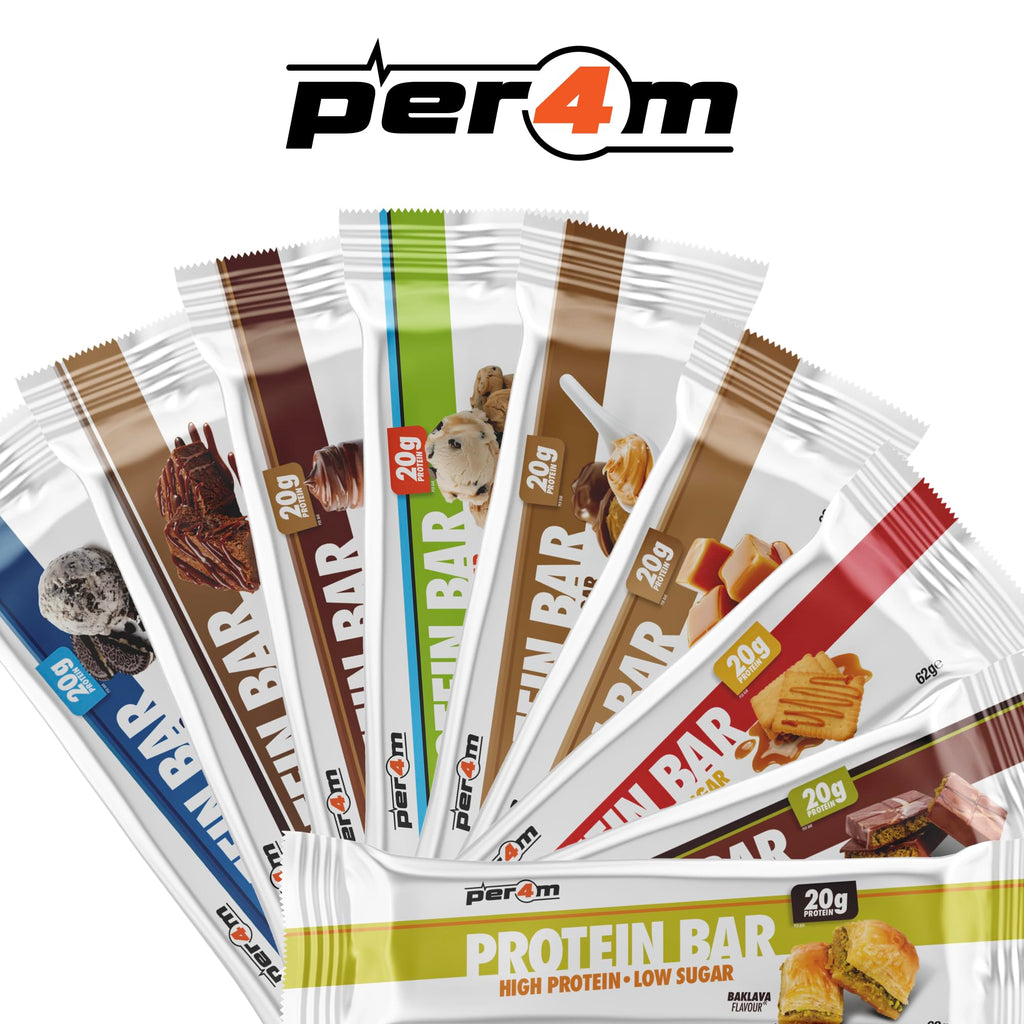 Per4m Protein Bar variety with 20g protein, high protein, low sugar flavors