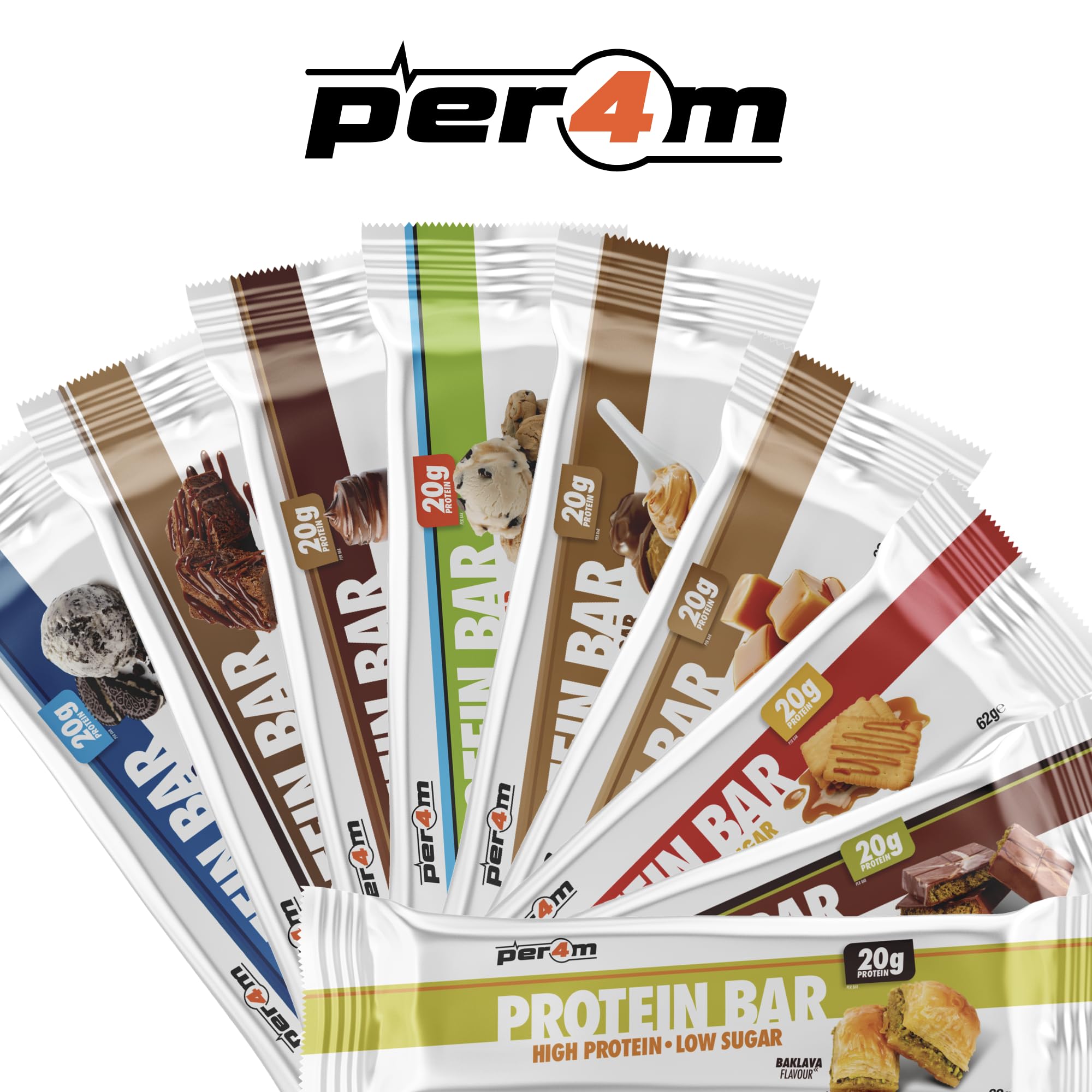 Per4m Protein Bar variety with 20g protein, high protein, low sugar flavors