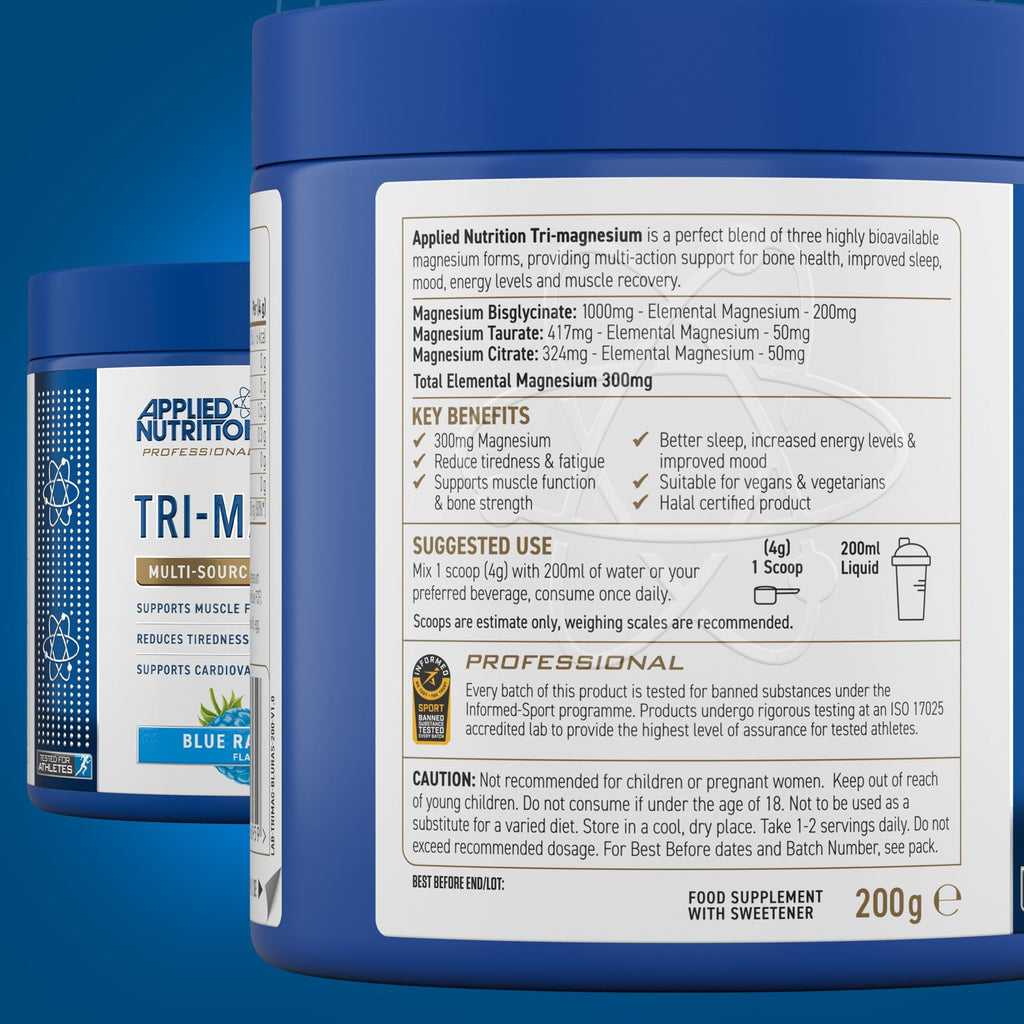 Blue container of Applied Nutrition Tri-Magnesium Powder with magnesium bisglycinate for restful sleep