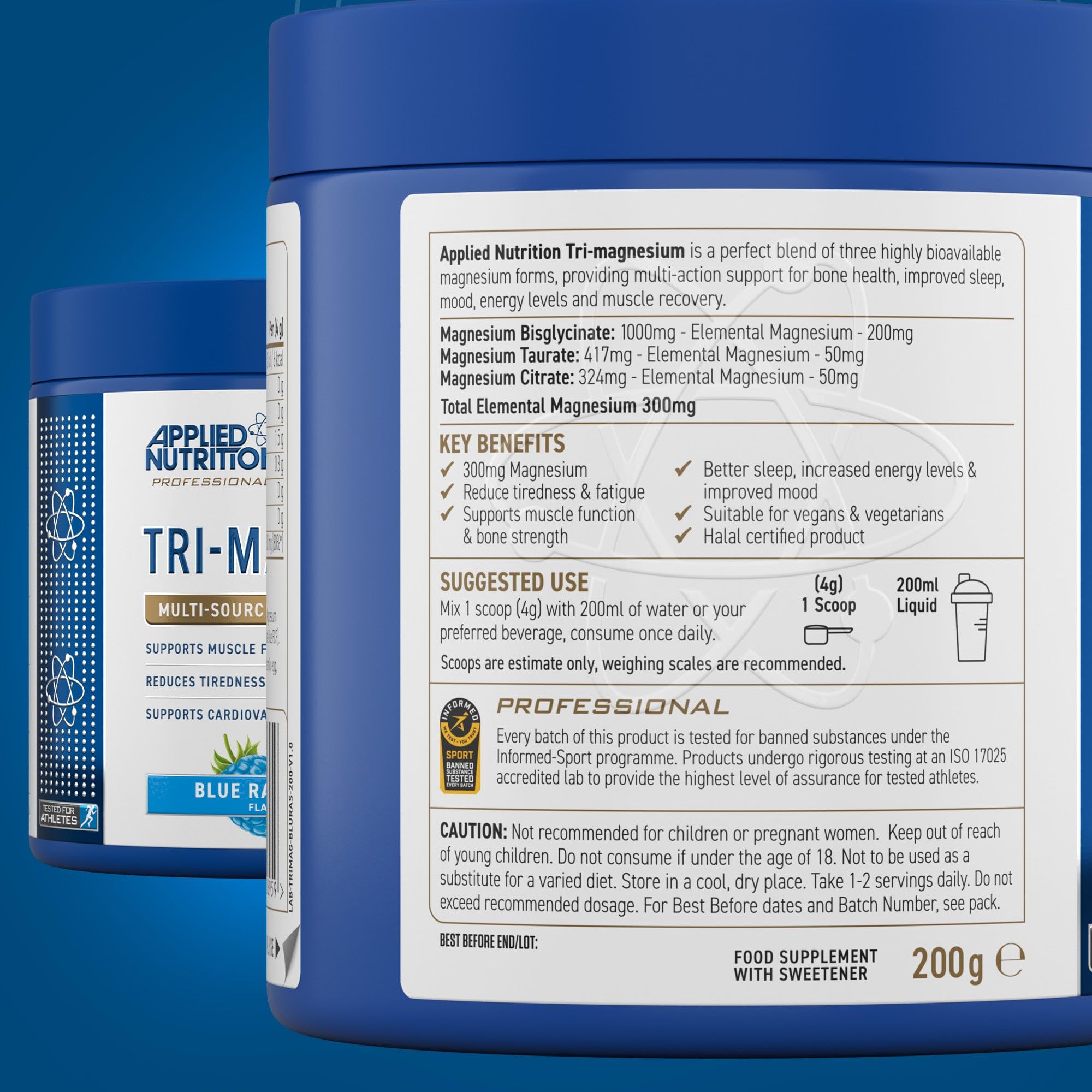 Blue container of Applied Nutrition Tri-Magnesium Powder with magnesium bisglycinate for restful sleep
