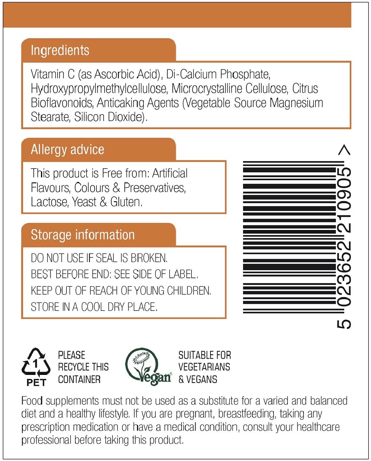 Natures Aid Citrus Tablets label with ingredients allergy info and storage for sustained absorption vitamin