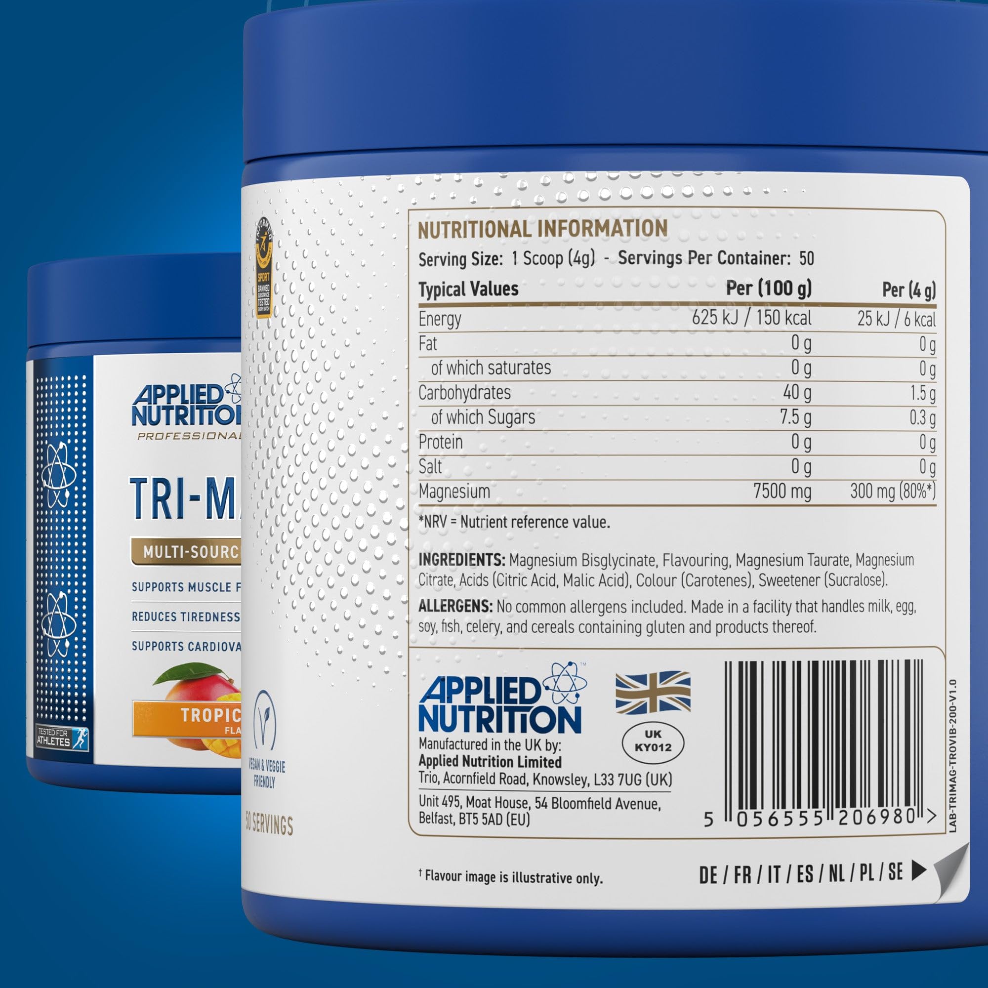 Blue and white Applied Nutrition Tri-Magnesium Powder container with nutrition info for restful sleep