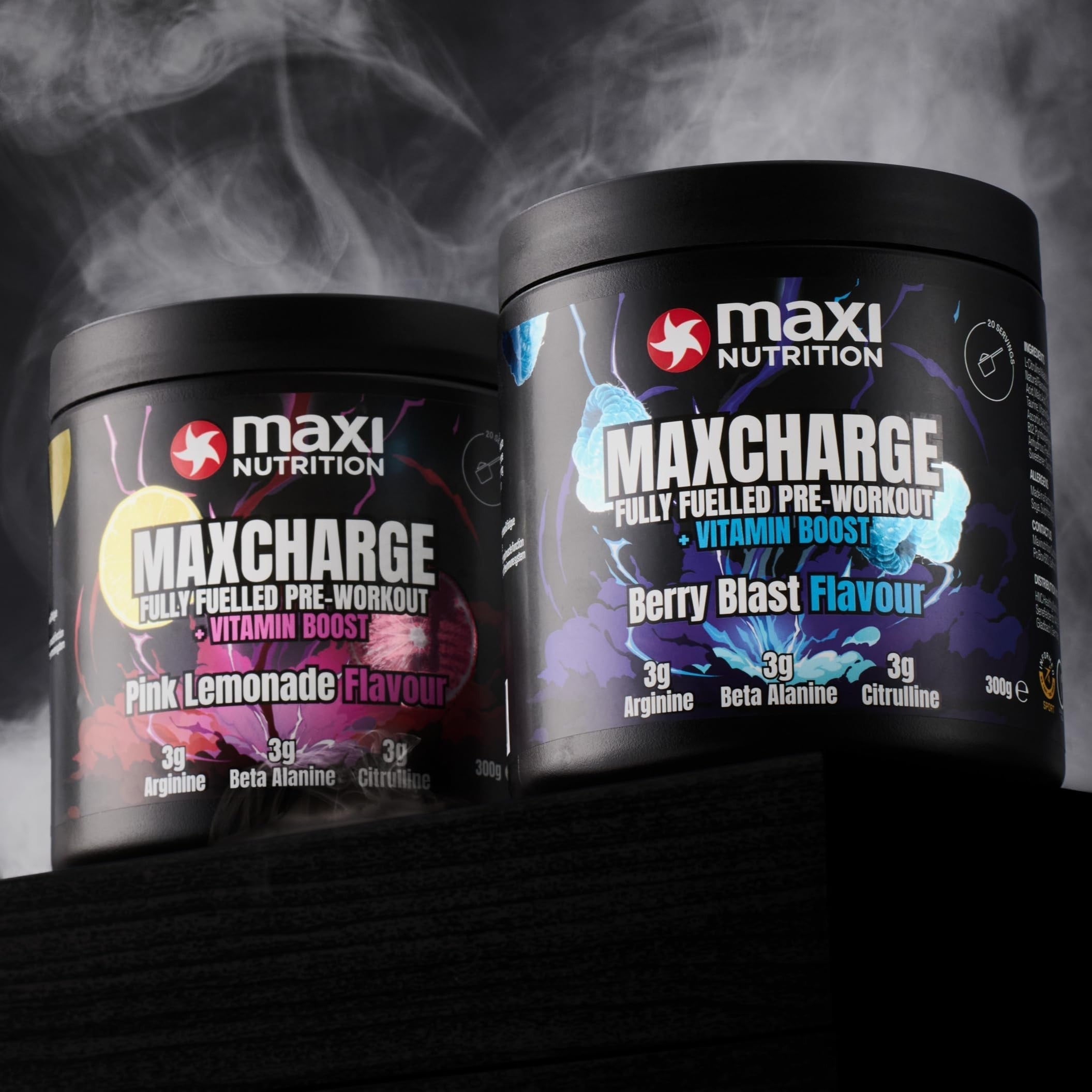 Two tubs of Maxi Nutrition Max Charge Vitamin Boosted Pre-Workout with flavor options