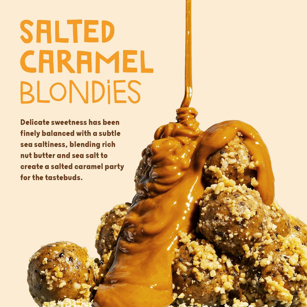 Salted caramel blondie keto balls with nut butter, caramel drizzle, and crushed nuts