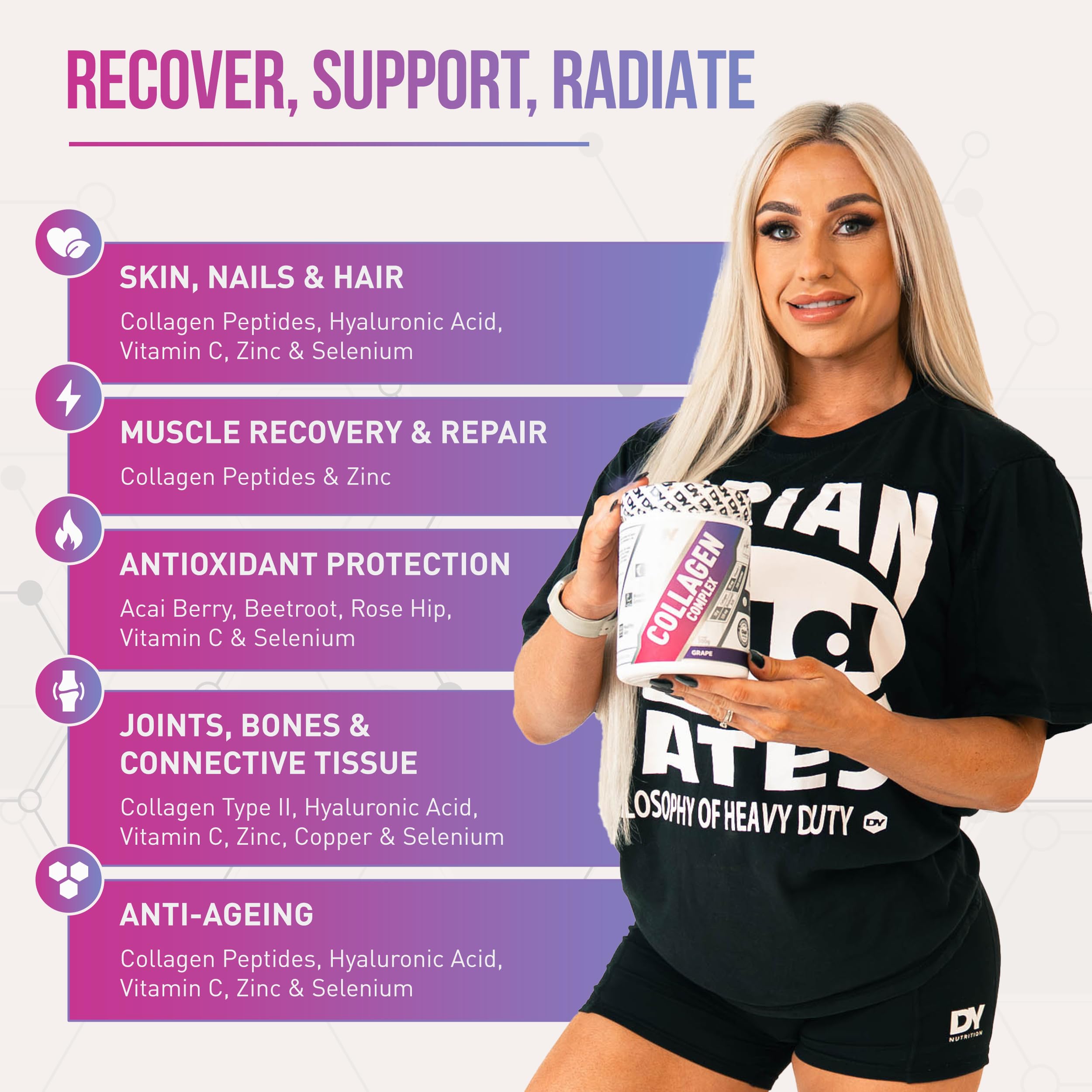 DY Nutrition Collagen Complex Powder for skin hydration, hair, nails, and joint health