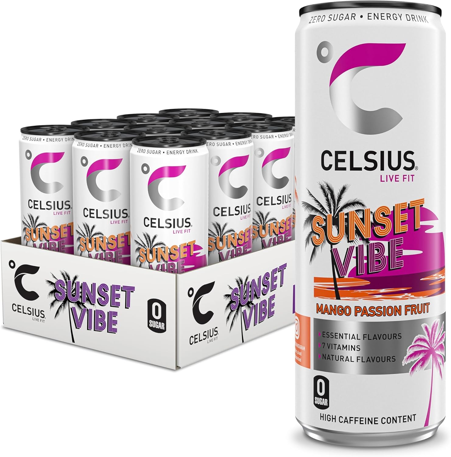 Celsius Energy Drink with Celsius Sunset Vibe Mango Passion Fruit for a refreshing fruit-forward boost