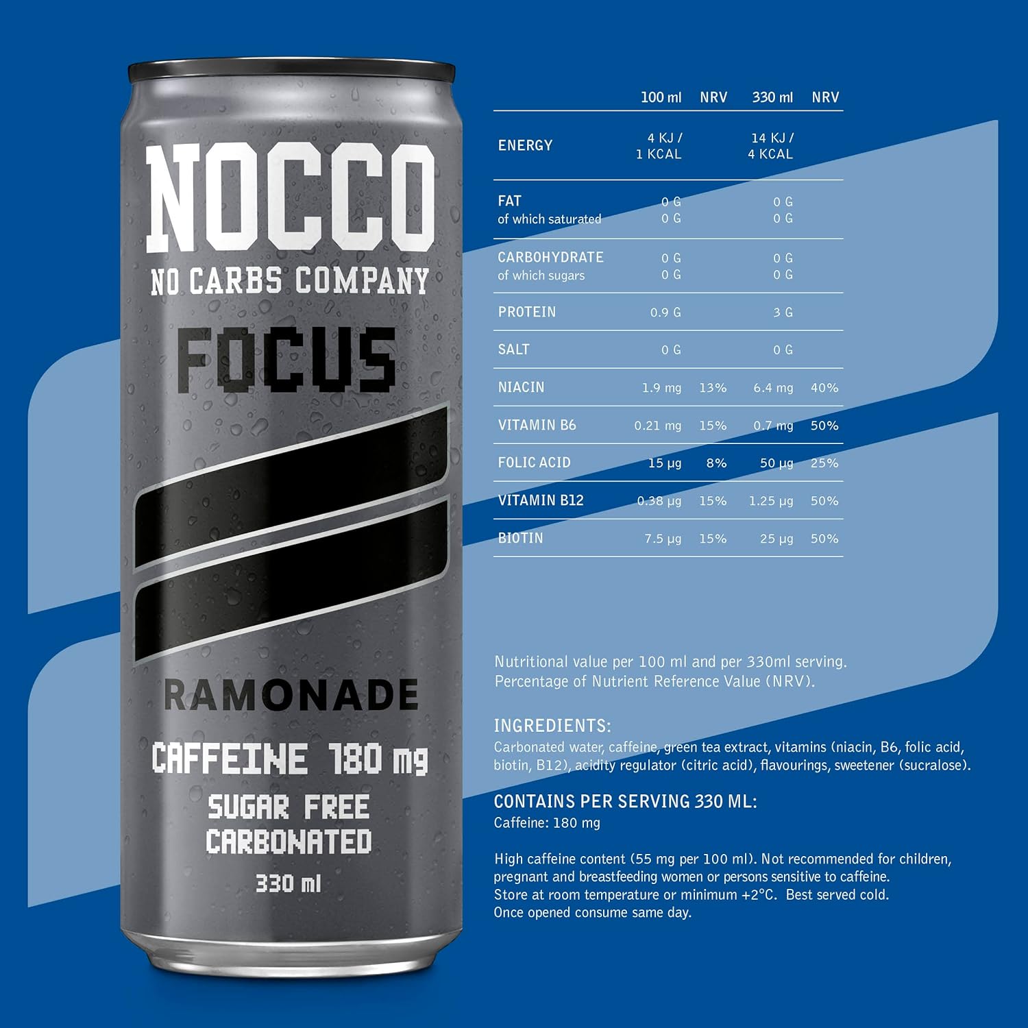 Nocco Focus sugar free silver energy drink with 180 mg caffeine carbonated beverage