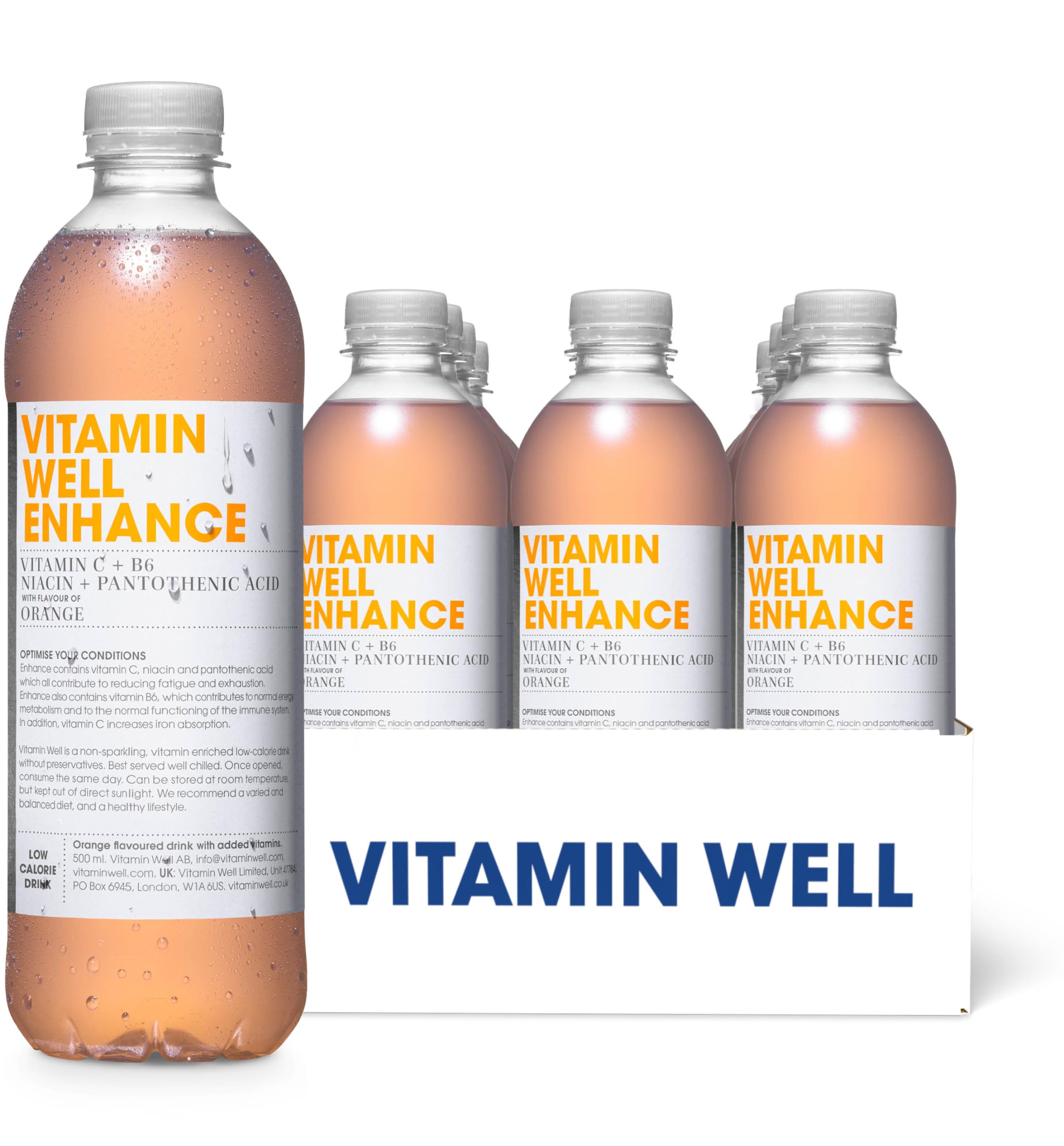 12-pack Peach Vitamin Well Enhance Orange drinks to help combat fatigue and boost iron absorption