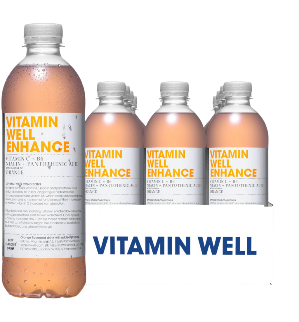 Vitamin Well Enhance Orange pack with orange-flavored vitamin drinks to boost energy and fight fatigue