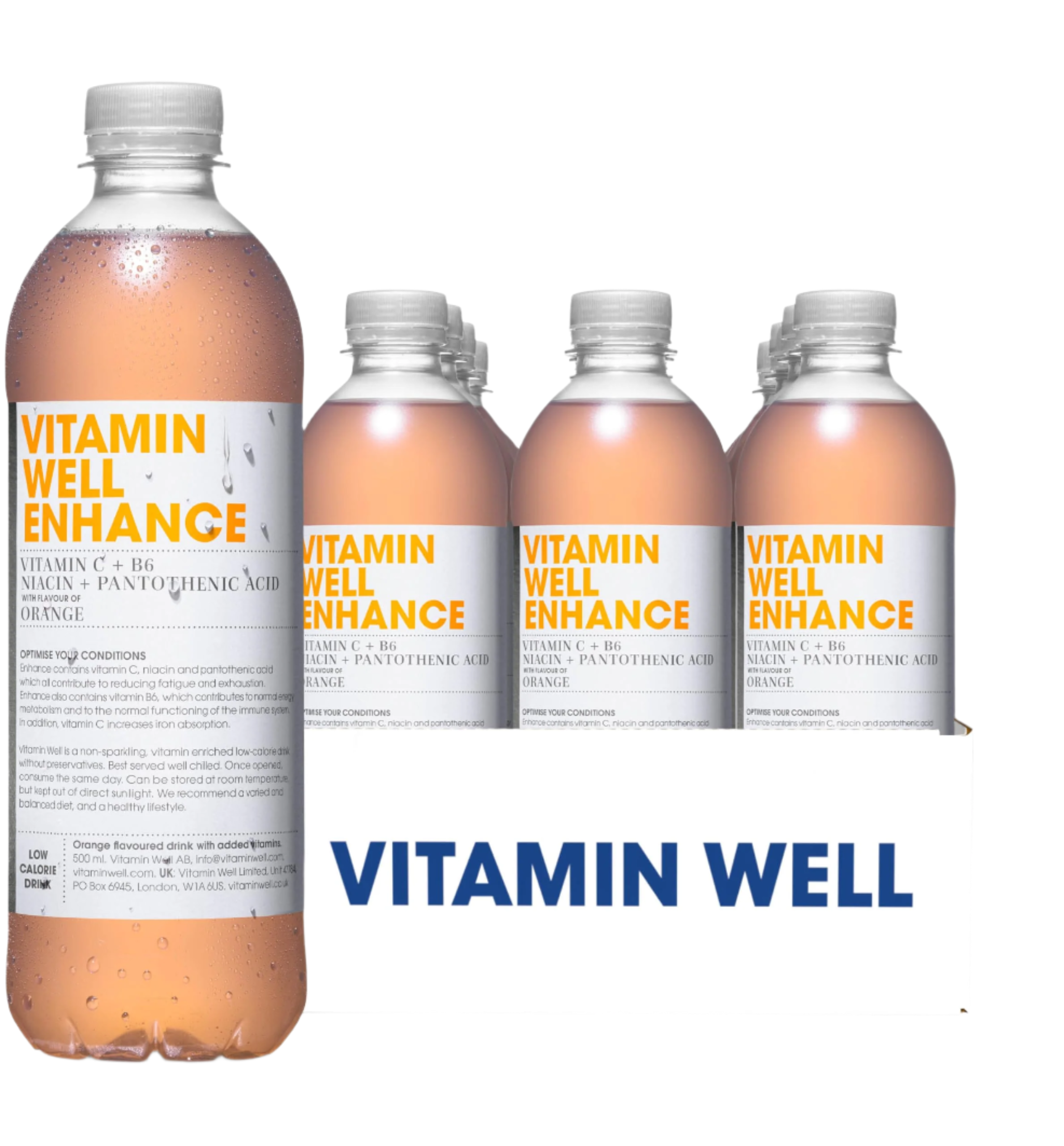 Vitamin Well Enhance Orange pack with orange-flavored vitamin drinks to boost energy and fight fatigue