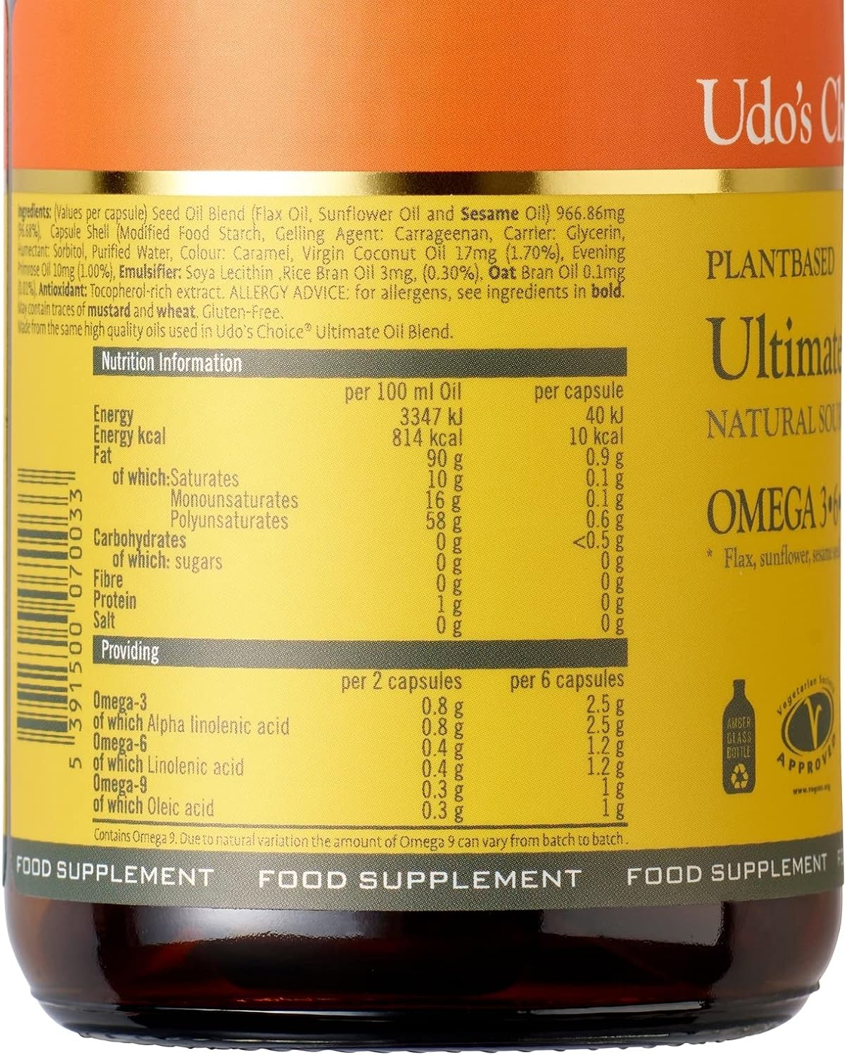 Nutritional info label on Udo’s Choice Ultimate Oil Blend Caps supplement bottle