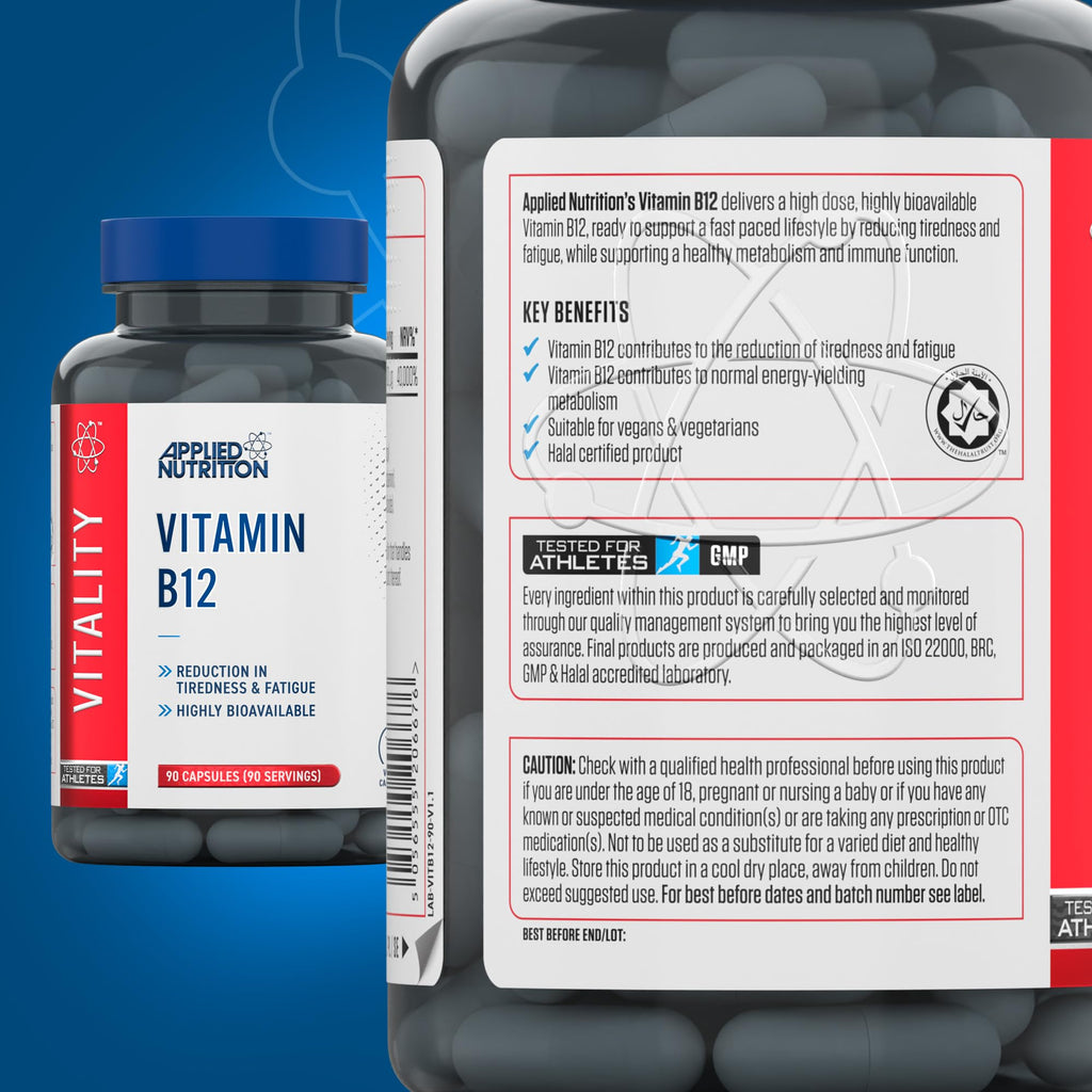 Bottle of Applied Nutrition VITALITY B12 supports energy and nutrition vitamin B12 supplements