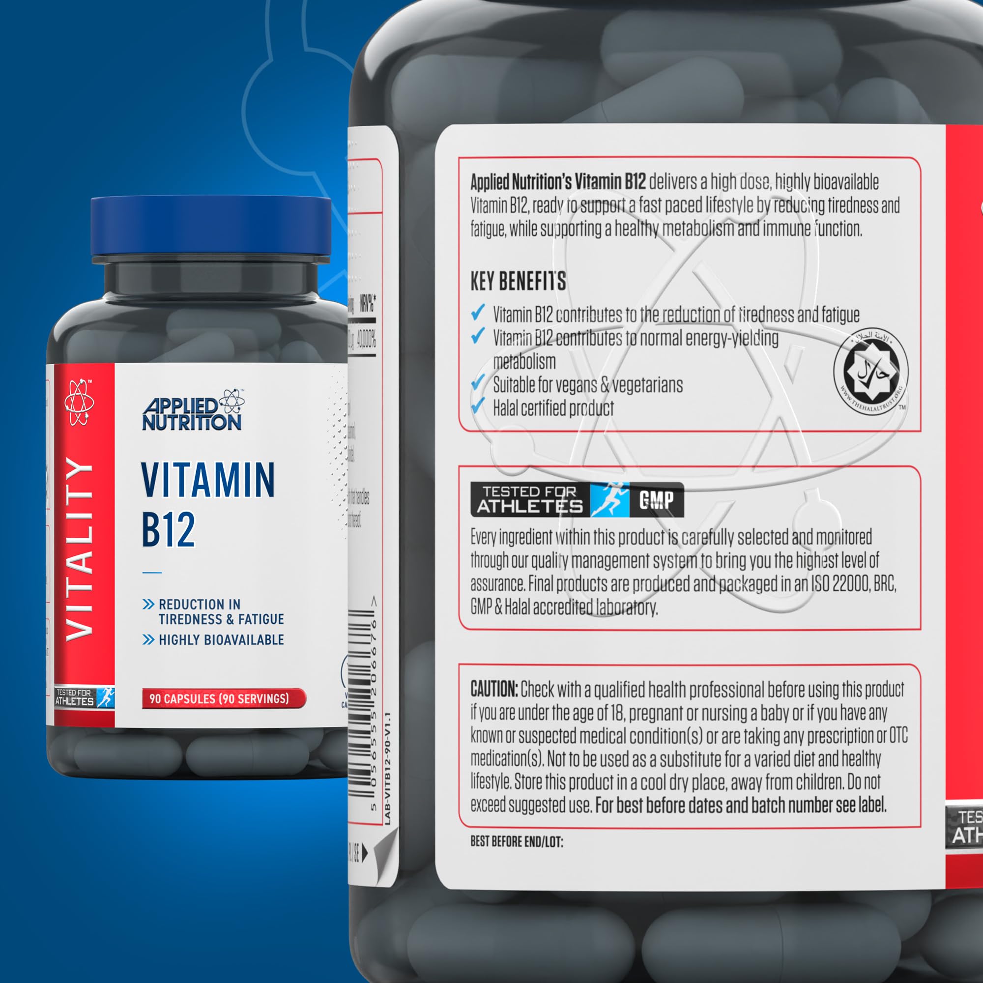 Bottle of Applied Nutrition VITALITY B12 supports energy and nutrition vitamin B12 supplements