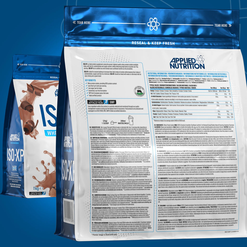 Bag of Applied Nutrition Iso-XP whey protein isolate with chocolate flavor for easy mixing