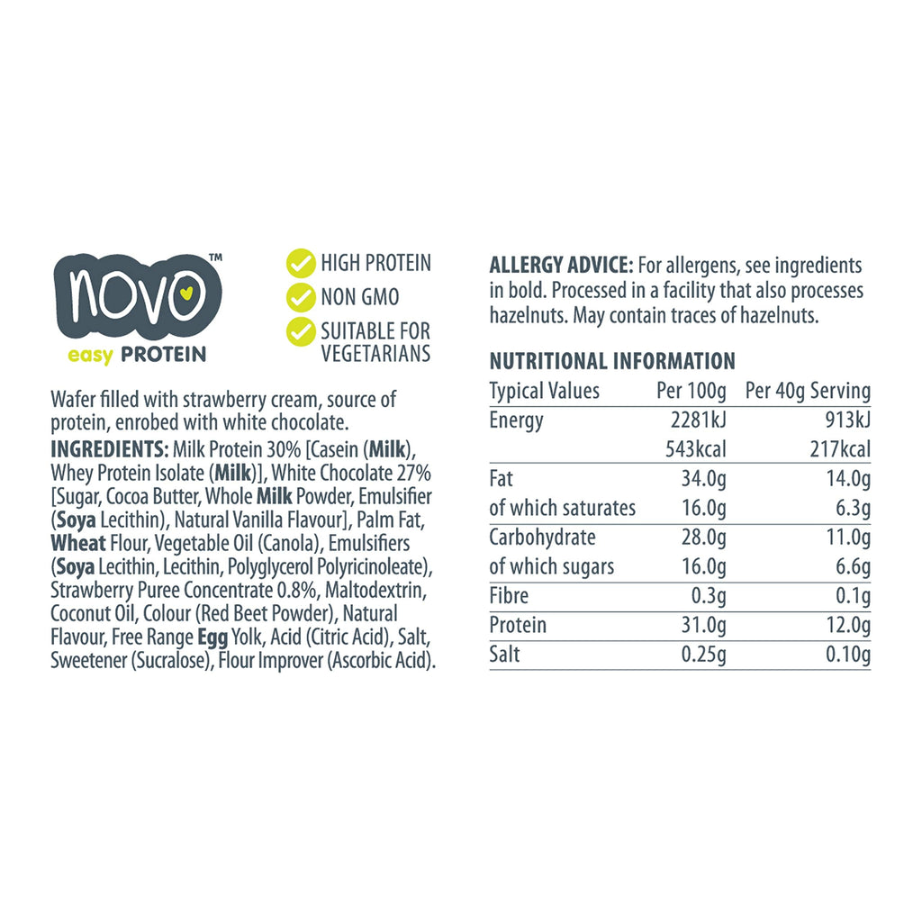 Nutrition info and ingredients for Novo Nutrition Novo Protein Wafer Bar protein wafer bar