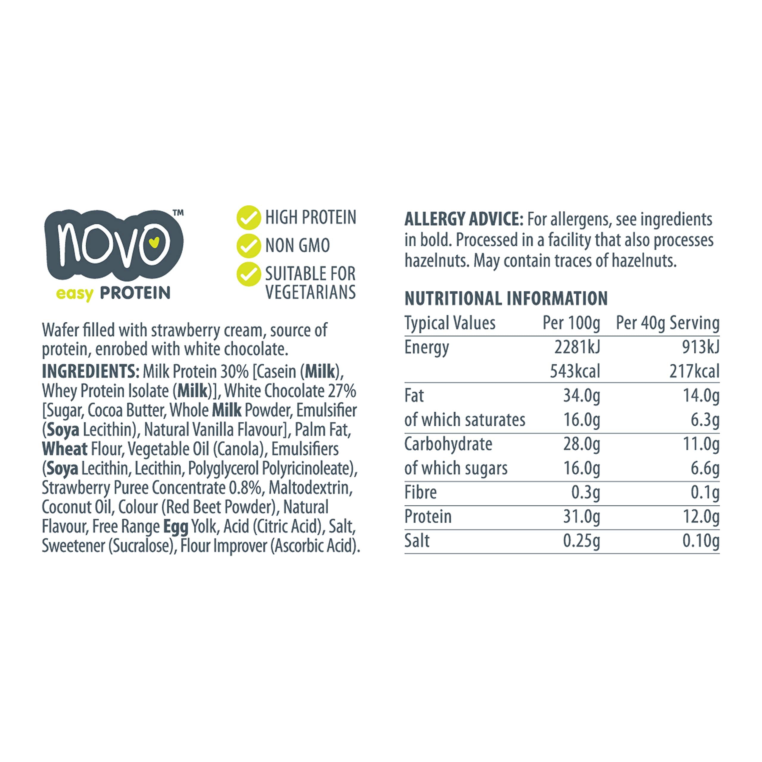 Nutrition info and ingredients for Novo Nutrition Novo Protein Wafer Bar protein wafer bar