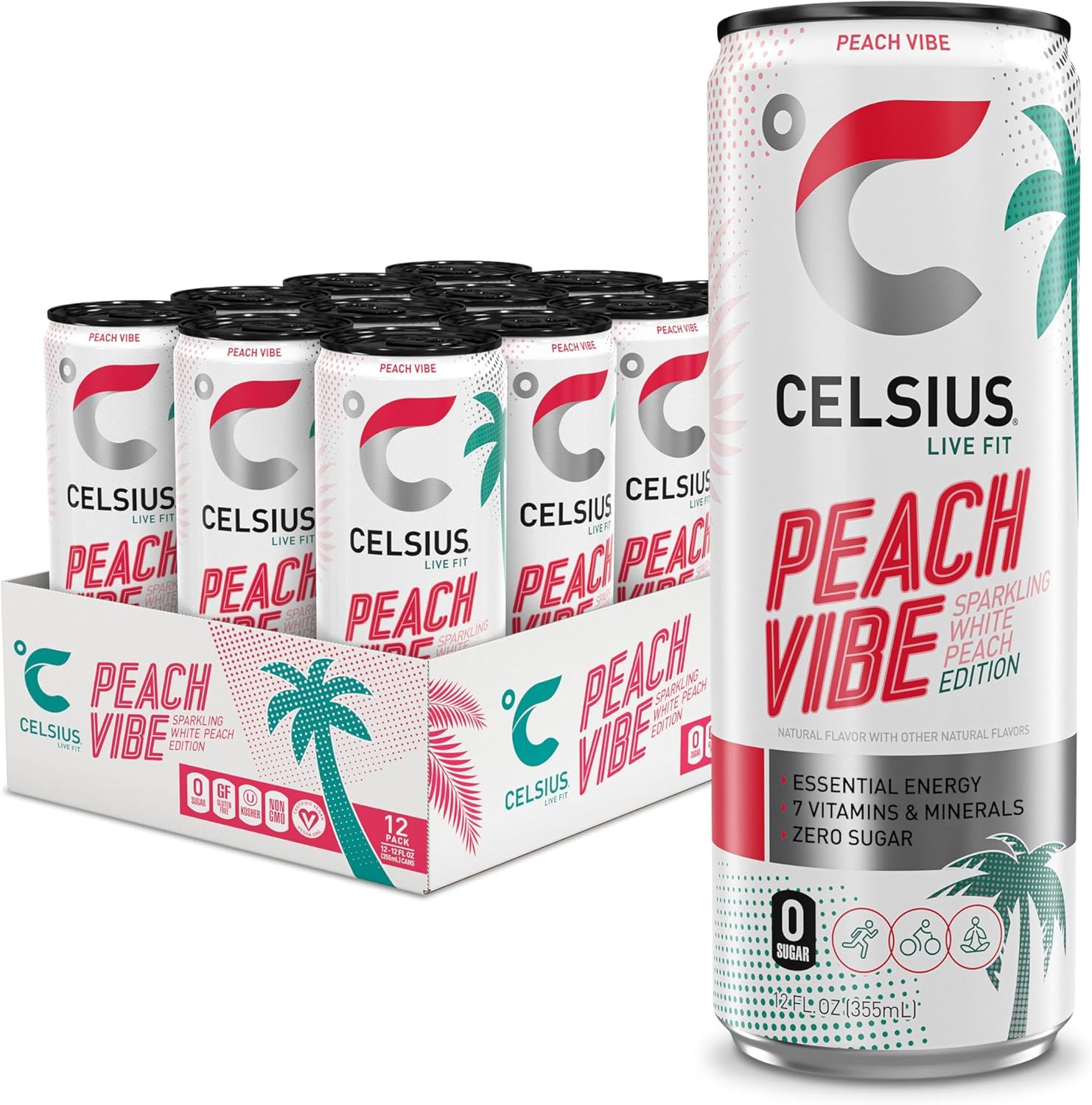 12-pack Celsius Live Fit Lifestyle Peach Vibe sparkling white peach energy drinks