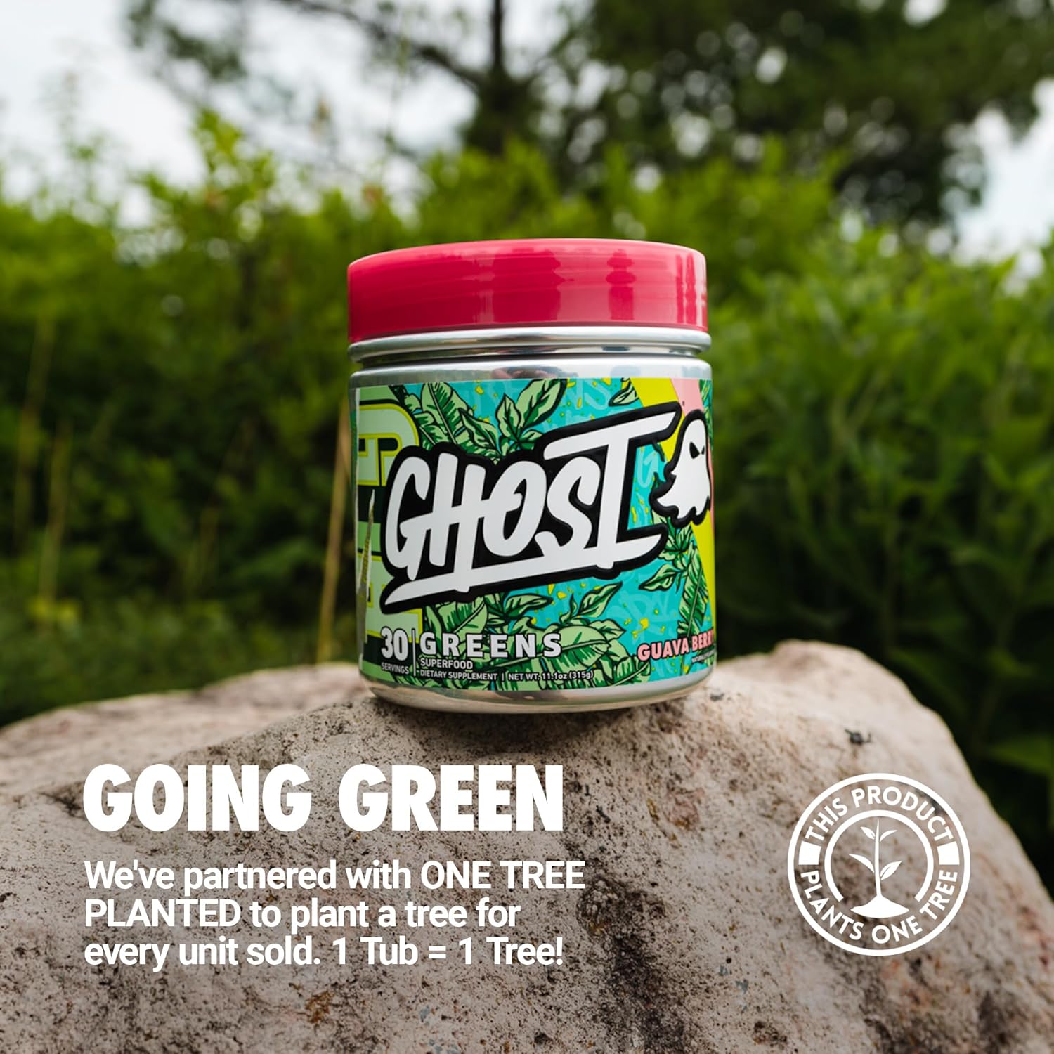 Ghost® Greens supplement container with red lid, packed with billion CFU and Biocore® Optimum probiotics