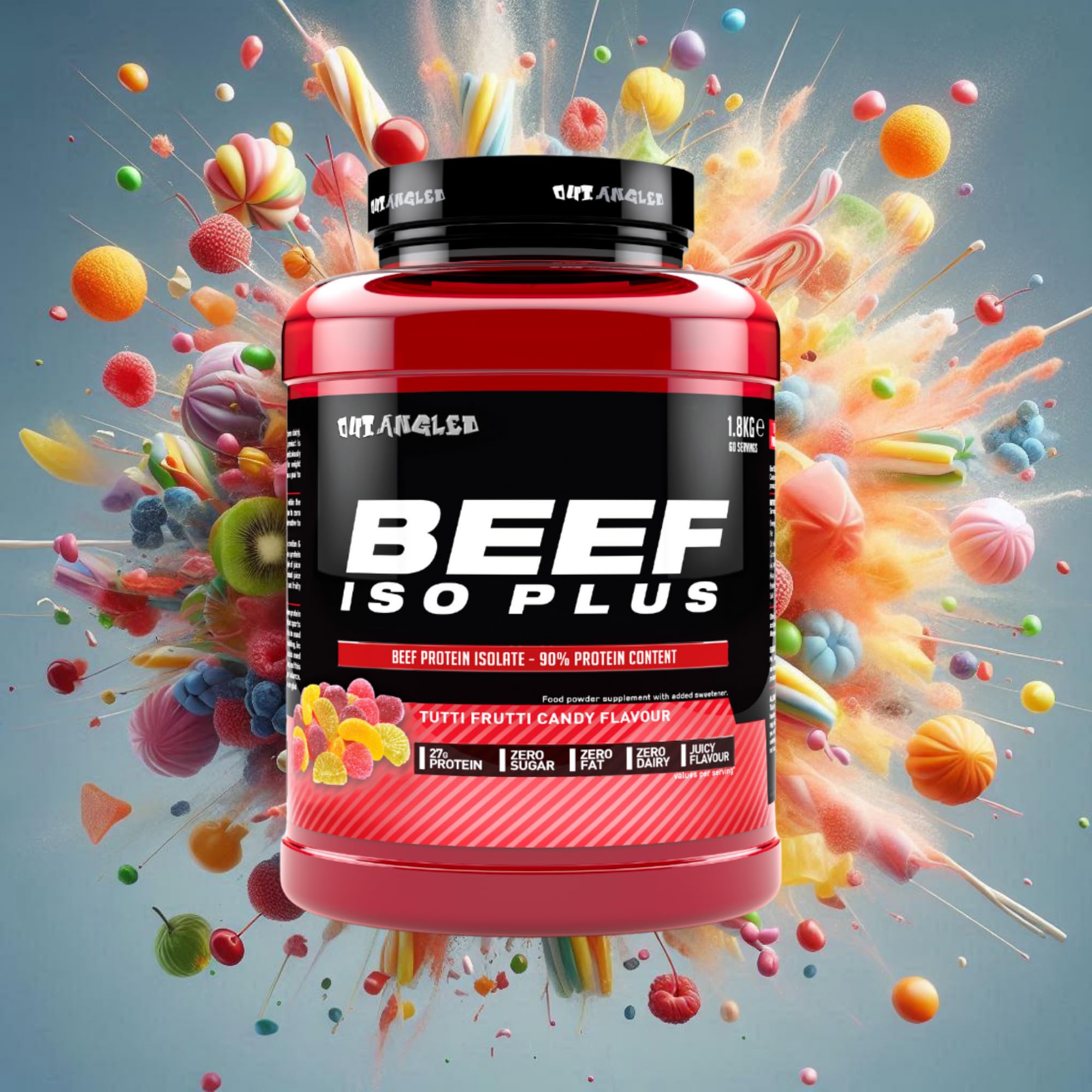 Red and black Outangled Beef Iso Plus container with beef iso plus protein powder