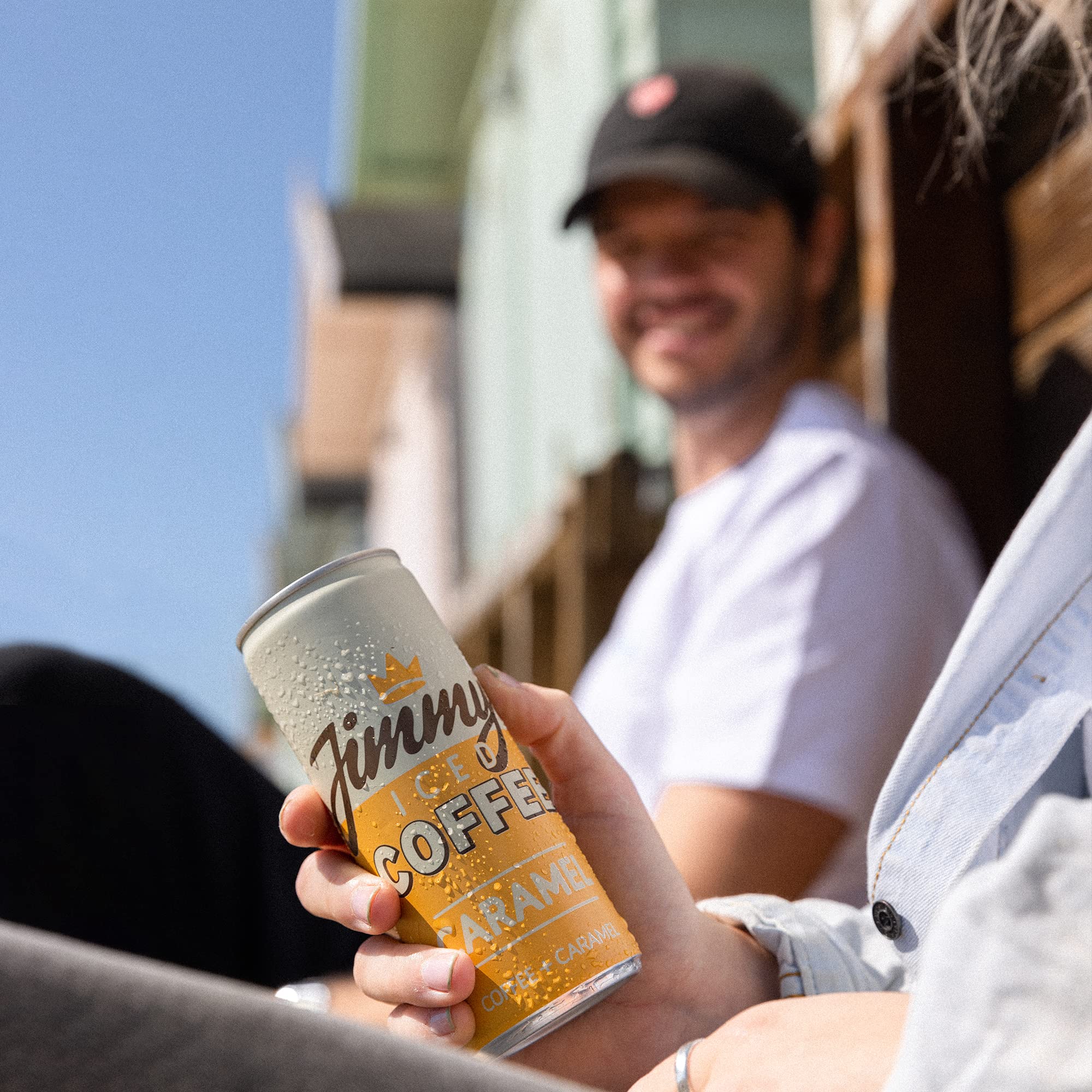 Chilled Jimmy’s Iced Coffee Caramel 12x250ml can, perfect for quick shipping options