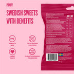 Pink PANDY Candy pouch with nutritional info featuring Peach Rings and Fizzy Bottles