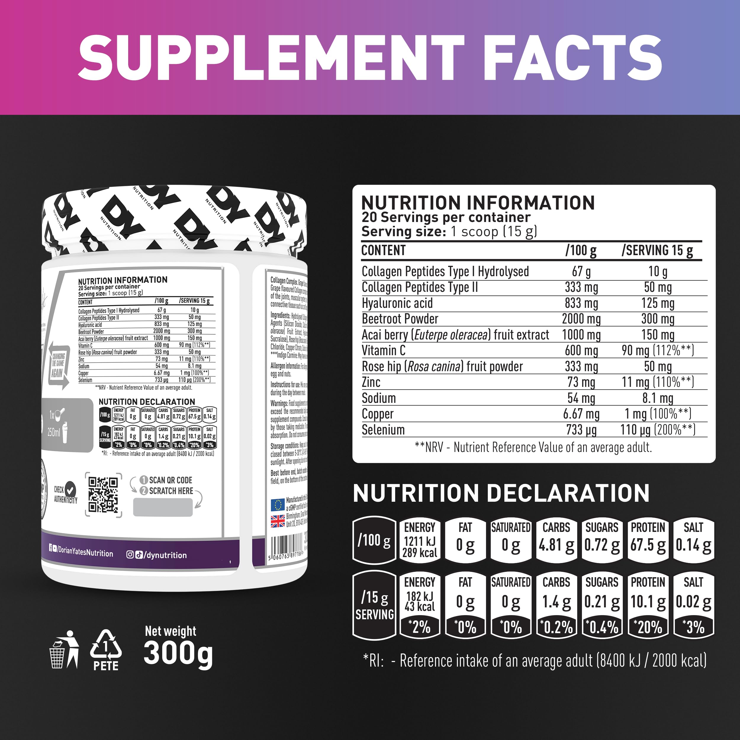 DY Nutrition Collagen Complex Powder with nutrition collagen complex and hydrolyzed collagen info