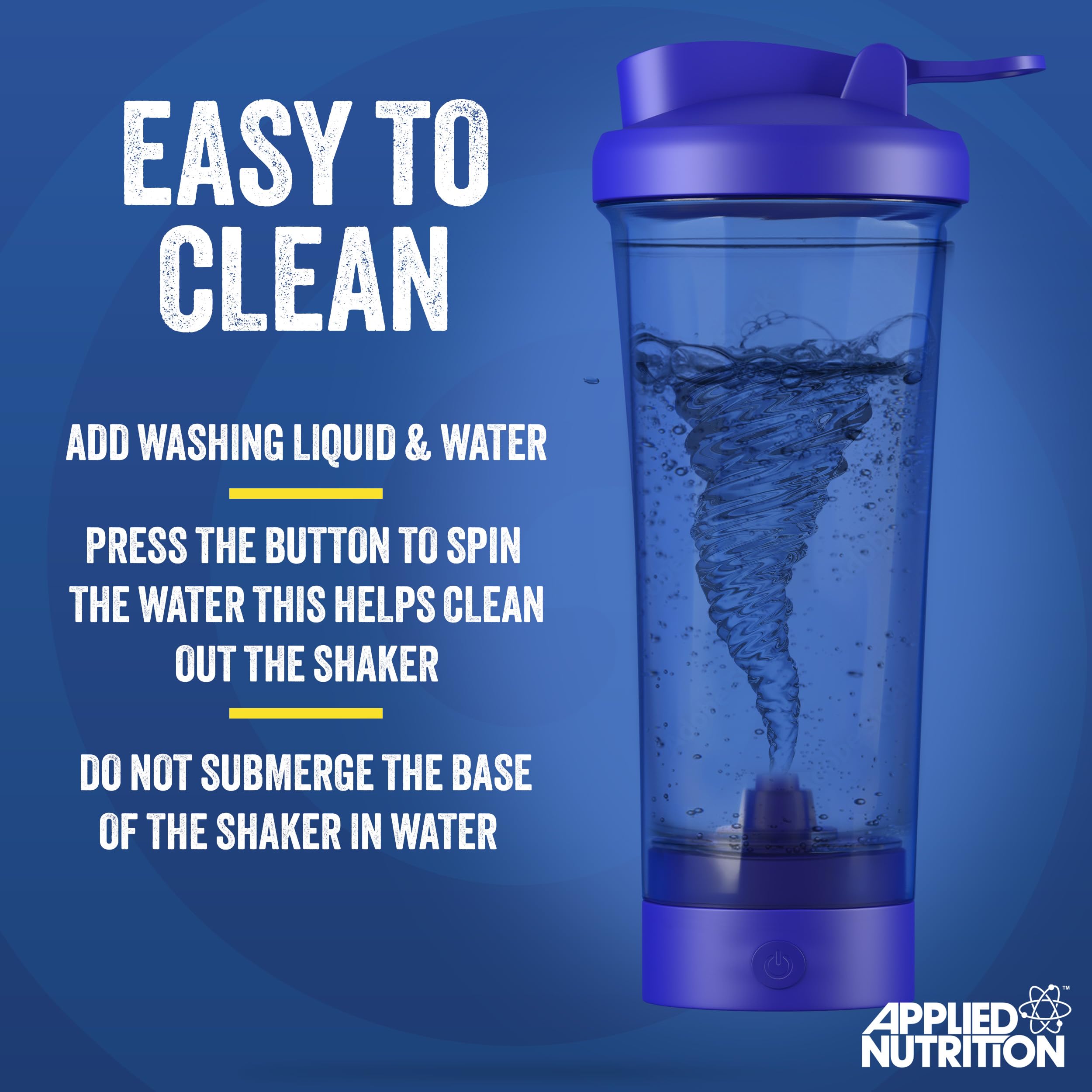 Applied Nutrition Tornado Electric Shaker 700ml showing self-cleaning vortex in purple and clear design
