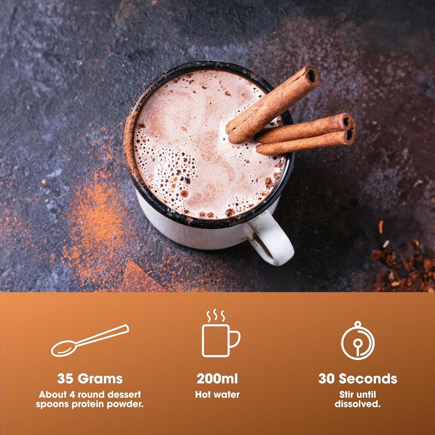 Optimum Nutrition Protein Hot Chocolate with cinnamon sticks for a smooth mixing experience