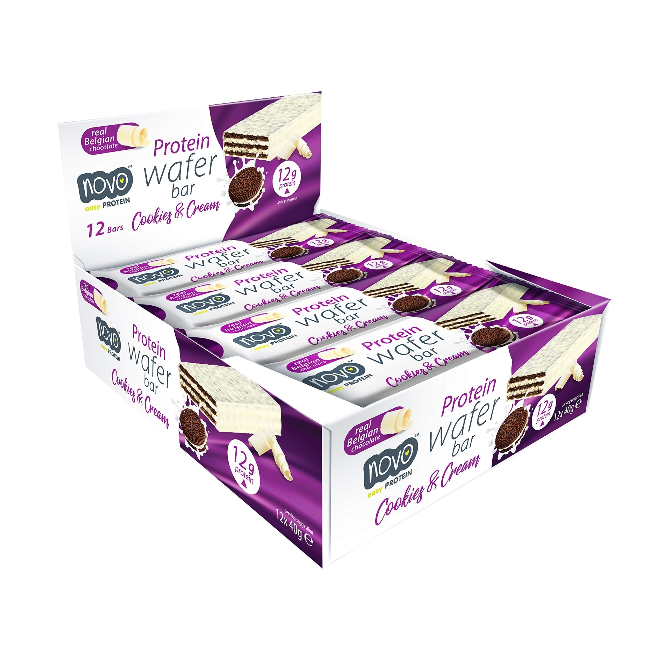 Display of Novo Protein Wafer Bars in Cookies & Cream flavor for nutrition Novo Protein