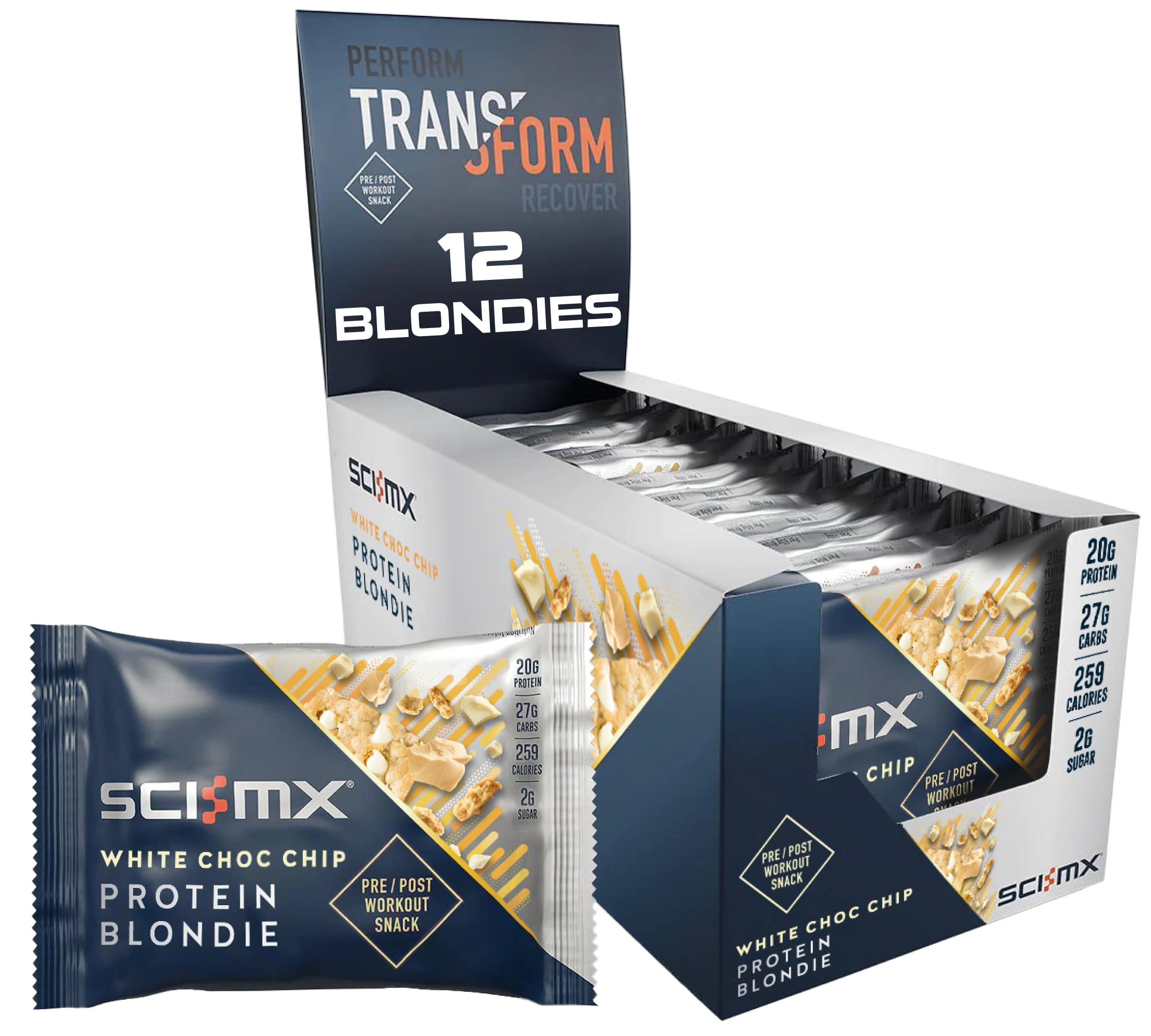 SCI-MX Blondie box with white choc chip protein blondies for muscle recovery, oat flour style