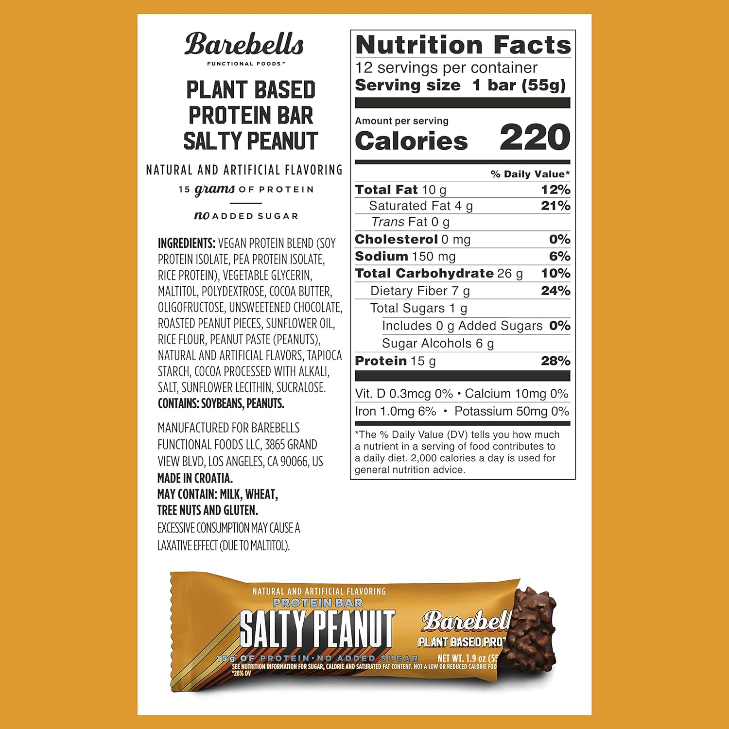 Barebells Vegan Protein Bar with salty peanut flavor, 15g protein, no added sugar