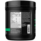 Black plastic container of Muscletech Amino Build supplement powder with nutrition label