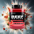 Red and black Outangled Beef Iso Plus container with watermelon flavor beef protein isolate