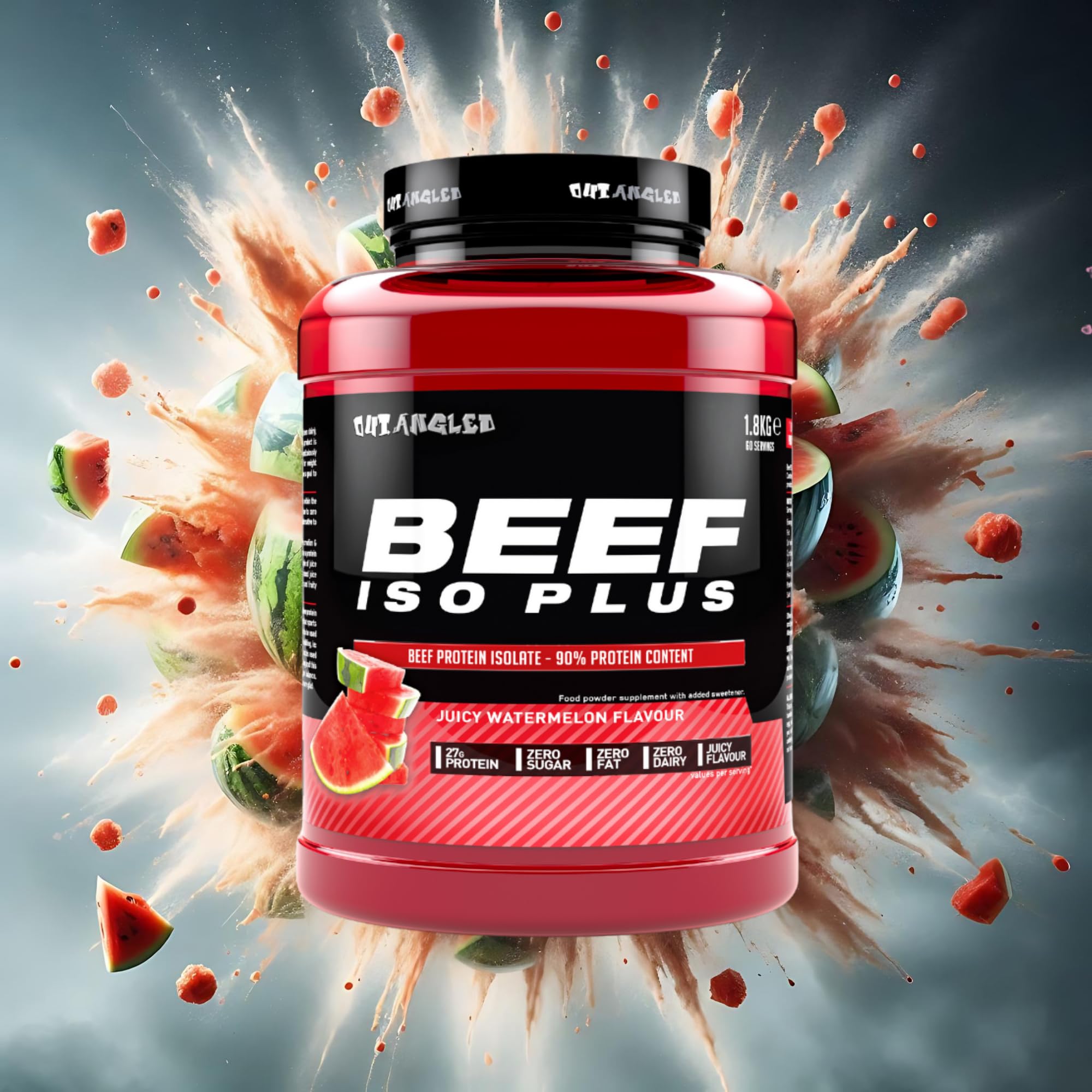 Red and black Outangled Beef Iso Plus container with watermelon flavor beef protein isolate