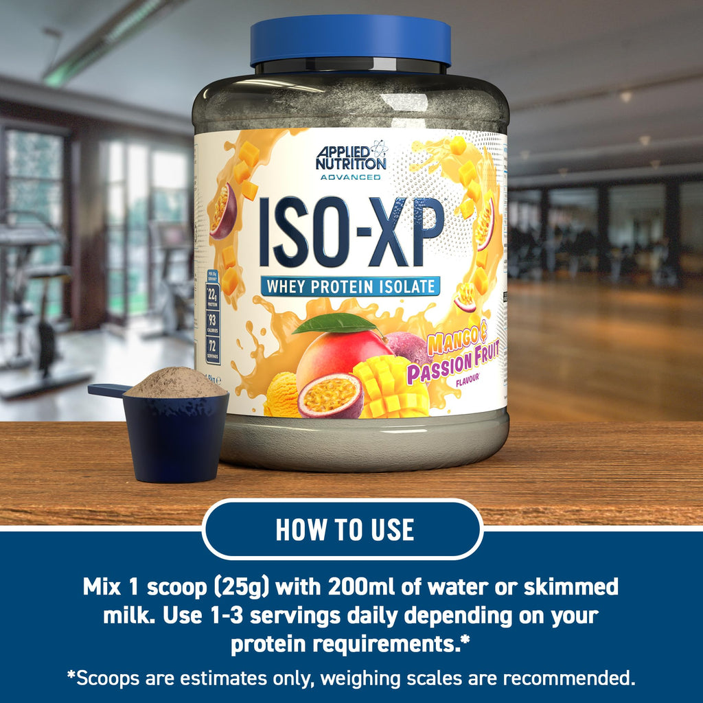 Applied Nutrition Iso-XP mango passion fruit whey protein isolate powder with scoop for easy mixing